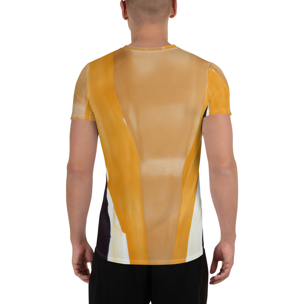 Men's Stretch Fit Athletic Sports T-shirt in yellow brown abstract pattern, showcasing its flexible fit and moisture-wicking fabric.