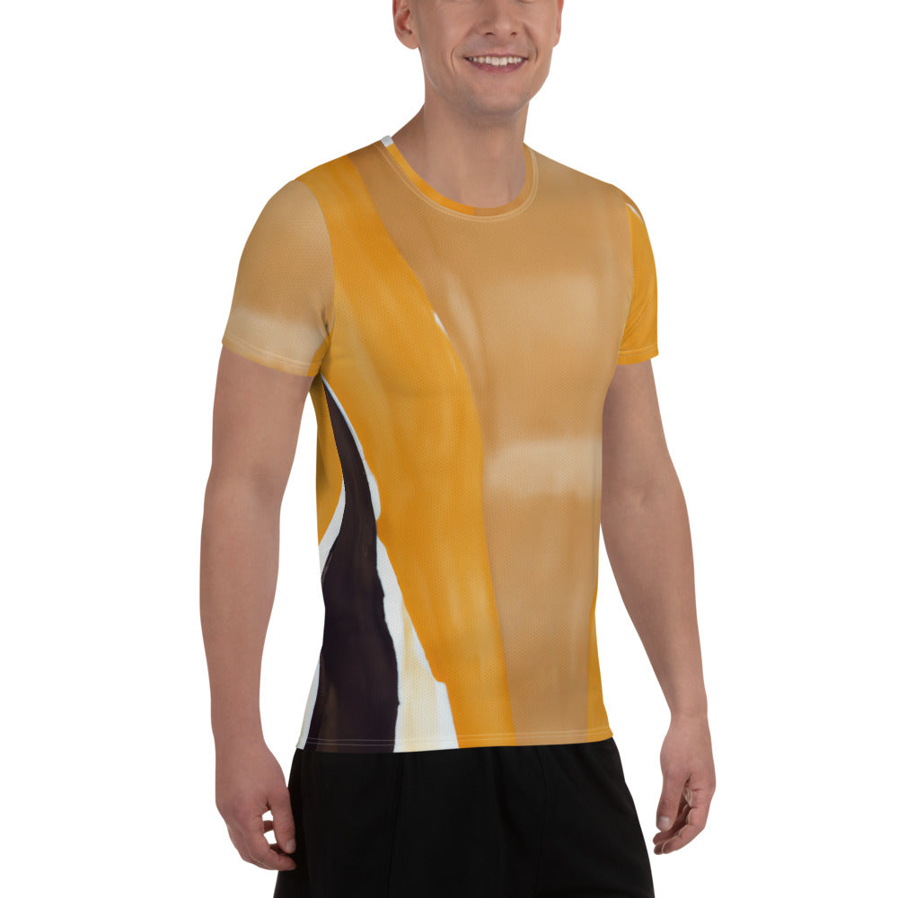 Men's Stretch Fit Athletic Sports T-shirt in yellow brown abstract pattern, showcasing its flexible fit and moisture-wicking fabric.