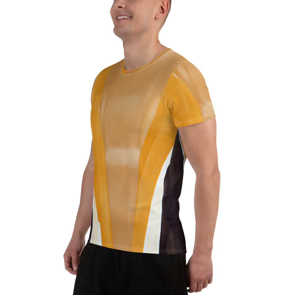 Men's Stretch Fit Athletic Sports T-shirt in yellow brown abstract pattern, showcasing its flexible fit and moisture-wicking fabric.