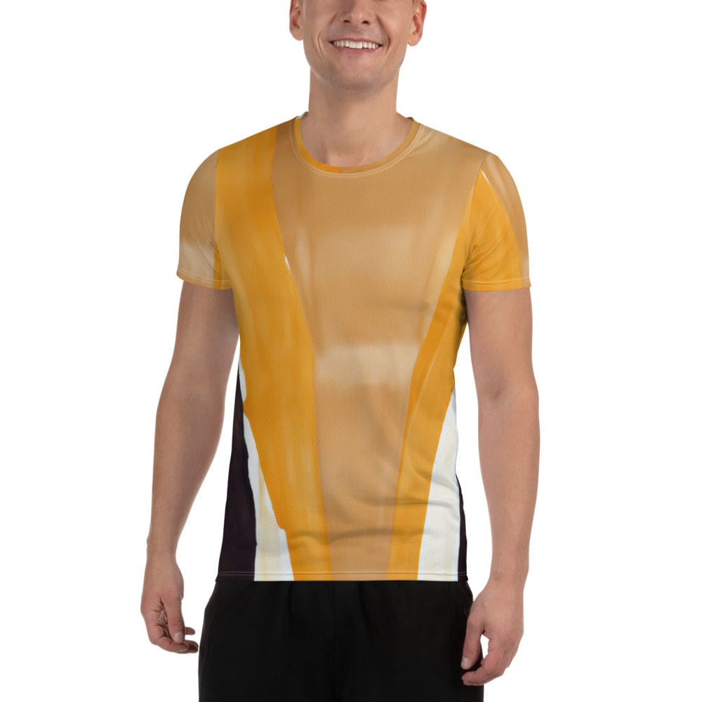 Men's Stretch Fit Athletic Sports T-shirt in yellow brown abstract pattern, showcasing its flexible fit and moisture-wicking fabric.