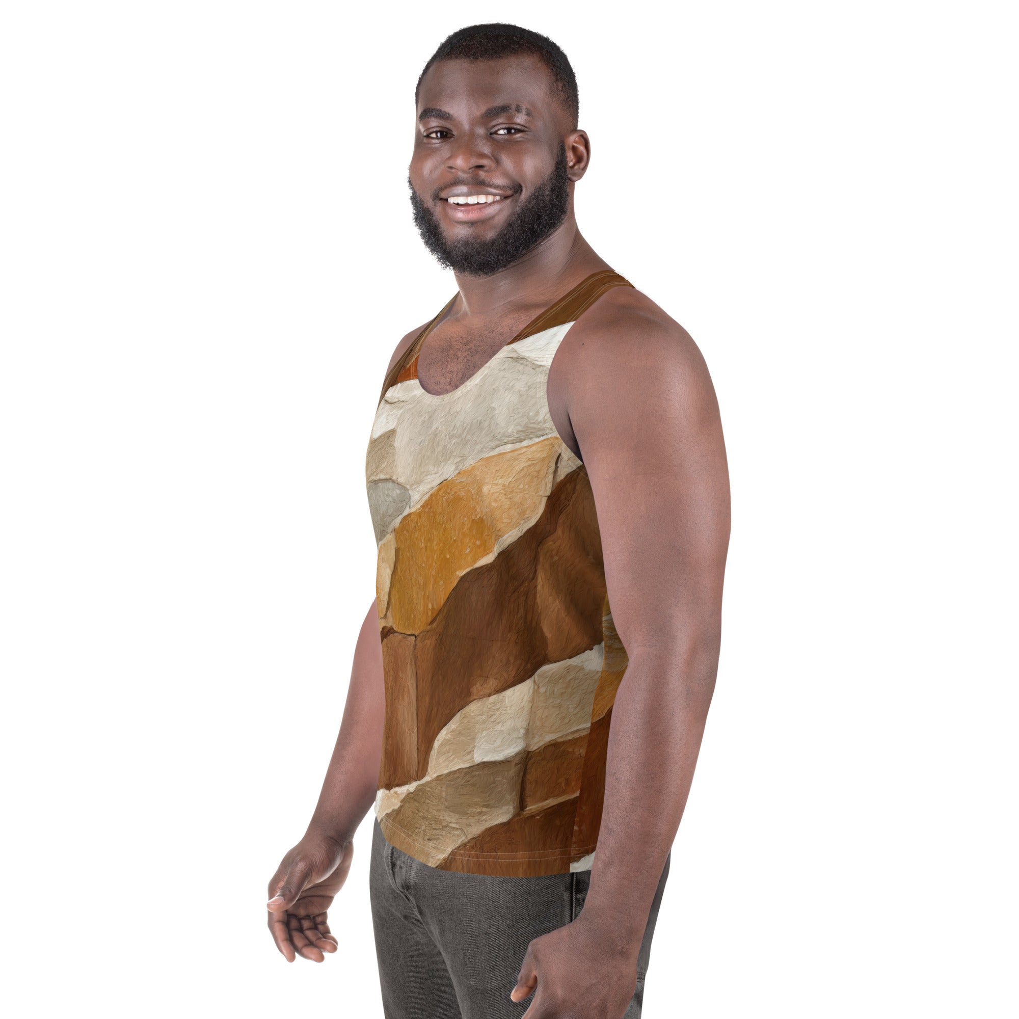 Mens Stretch Fit Tank Top featuring an Abstract Stone Print, showcasing a sleeveless design and classic crew neckline for comfort and style.