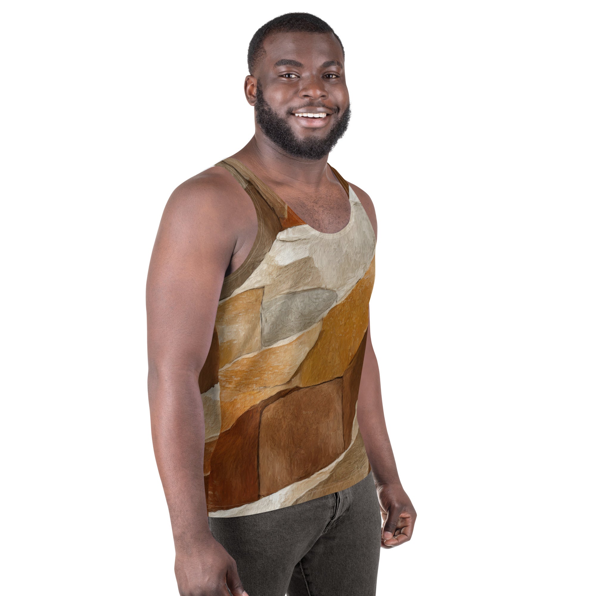 Mens Stretch Fit Tank Top featuring an Abstract Stone Print, showcasing a sleeveless design and classic crew neckline for comfort and style.