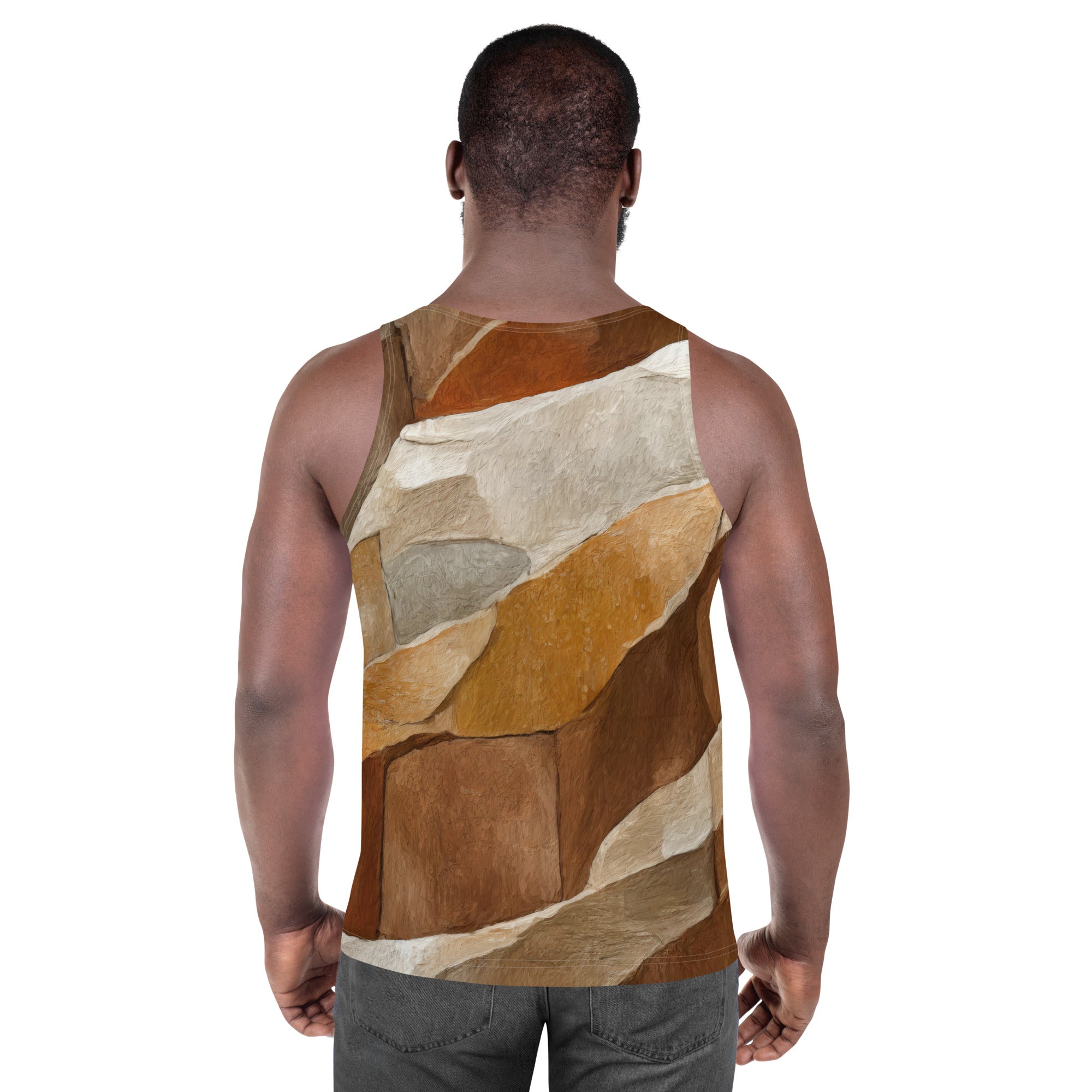 Mens Stretch Fit Tank Top featuring an Abstract Stone Print, showcasing a sleeveless design and classic crew neckline for comfort and style.