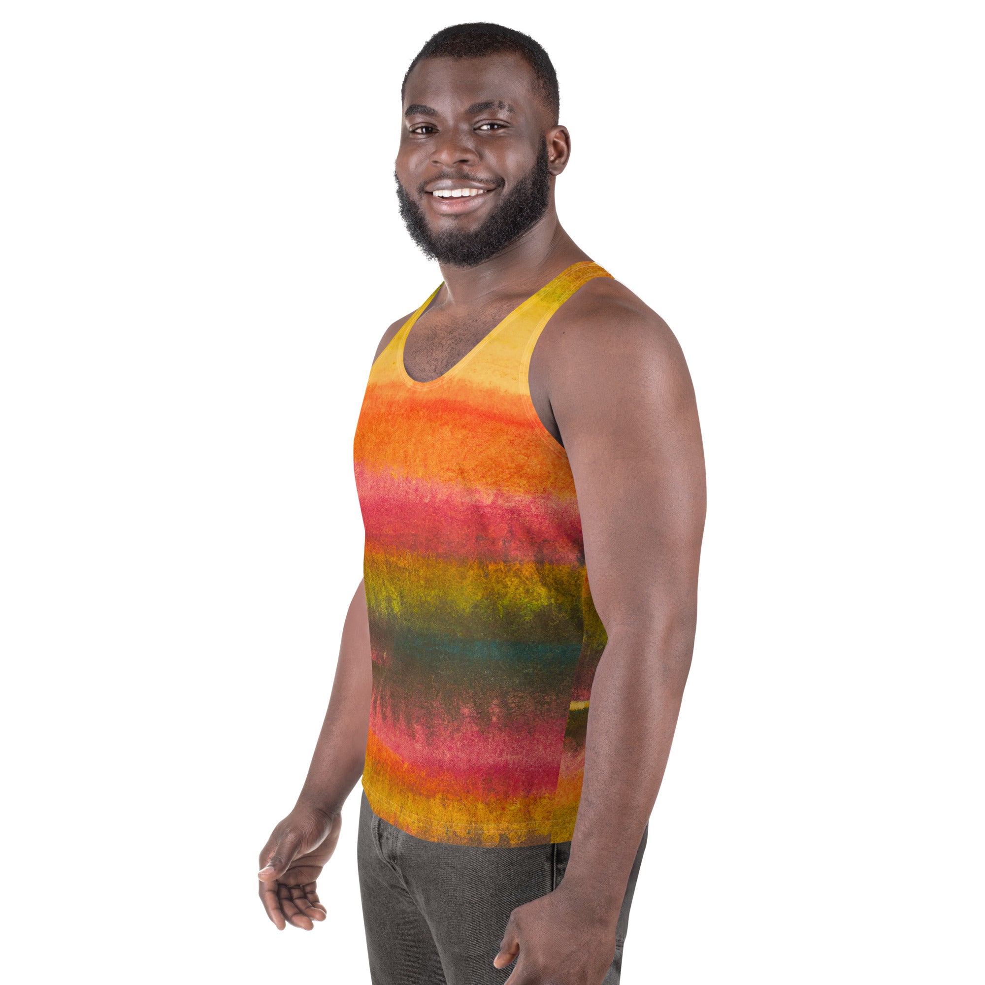 Mens Stretch Fit Tank Top featuring an Autumn Fall Watercolor Abstract Print, showcasing vibrant colors and a comfortable sleeveless design.