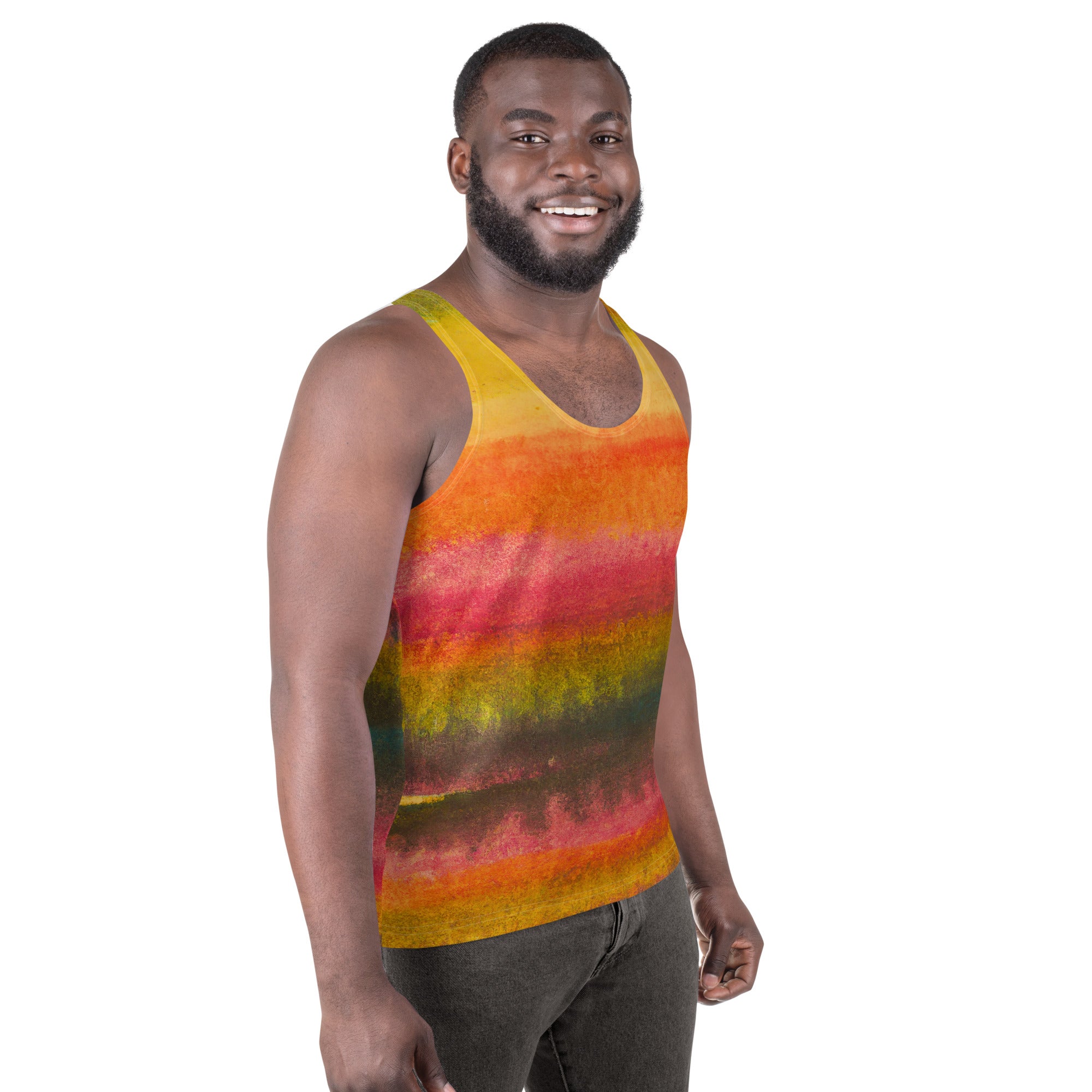 Mens Stretch Fit Tank Top featuring an Autumn Fall Watercolor Abstract Print, showcasing vibrant colors and a comfortable sleeveless design.