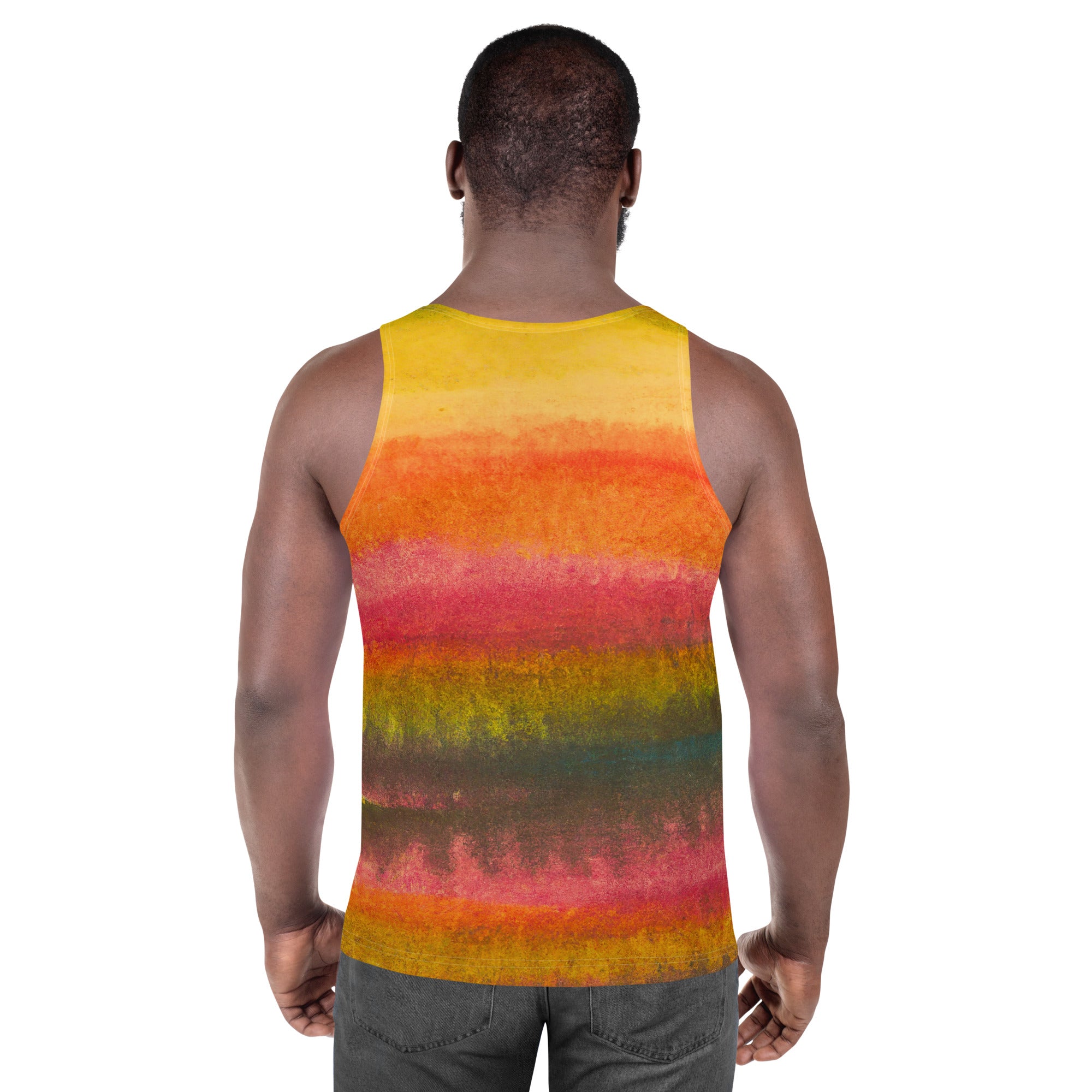 Mens Stretch Fit Tank Top featuring an Autumn Fall Watercolor Abstract Print, showcasing vibrant colors and a comfortable sleeveless design.