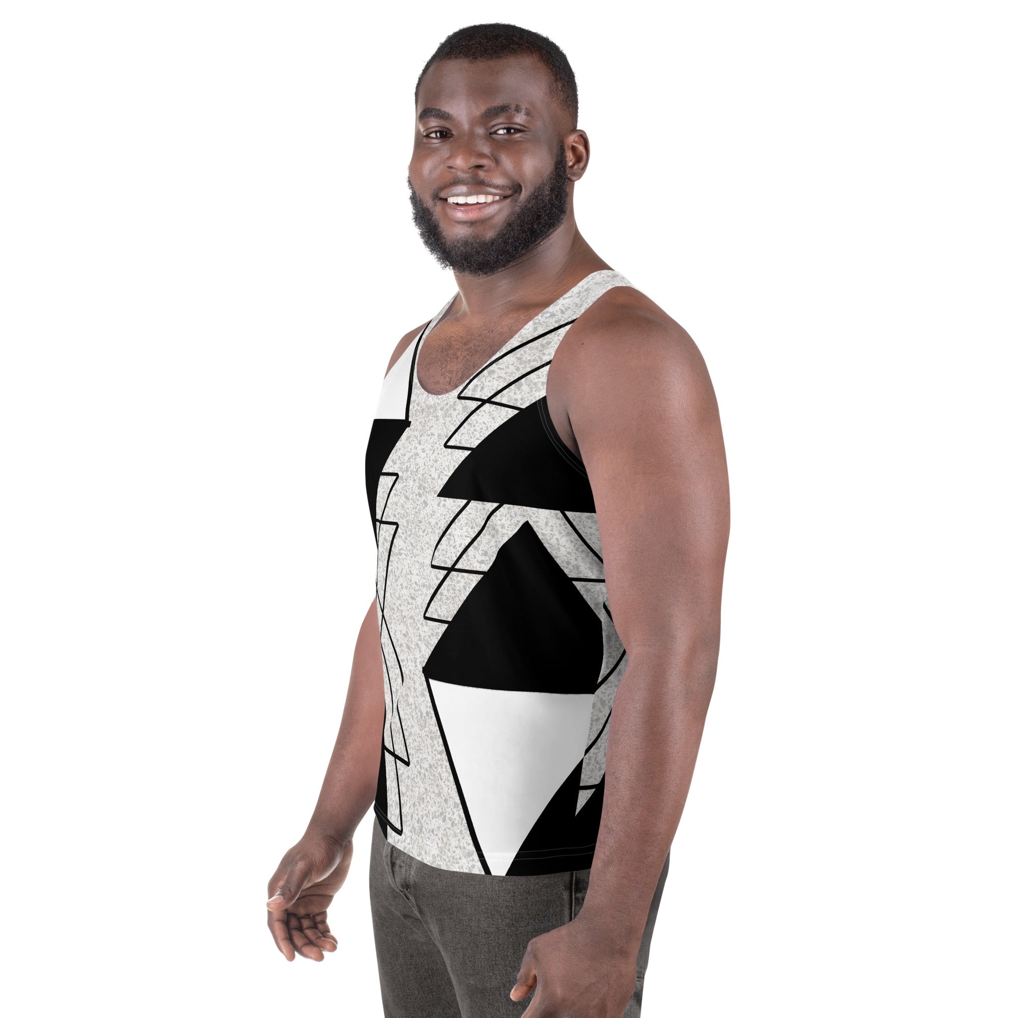 Mens Stretch Fit Tank Top in Black and White Ash Grey with a triangular colorblock design, showcasing a sleeveless style and classic crew neckline.