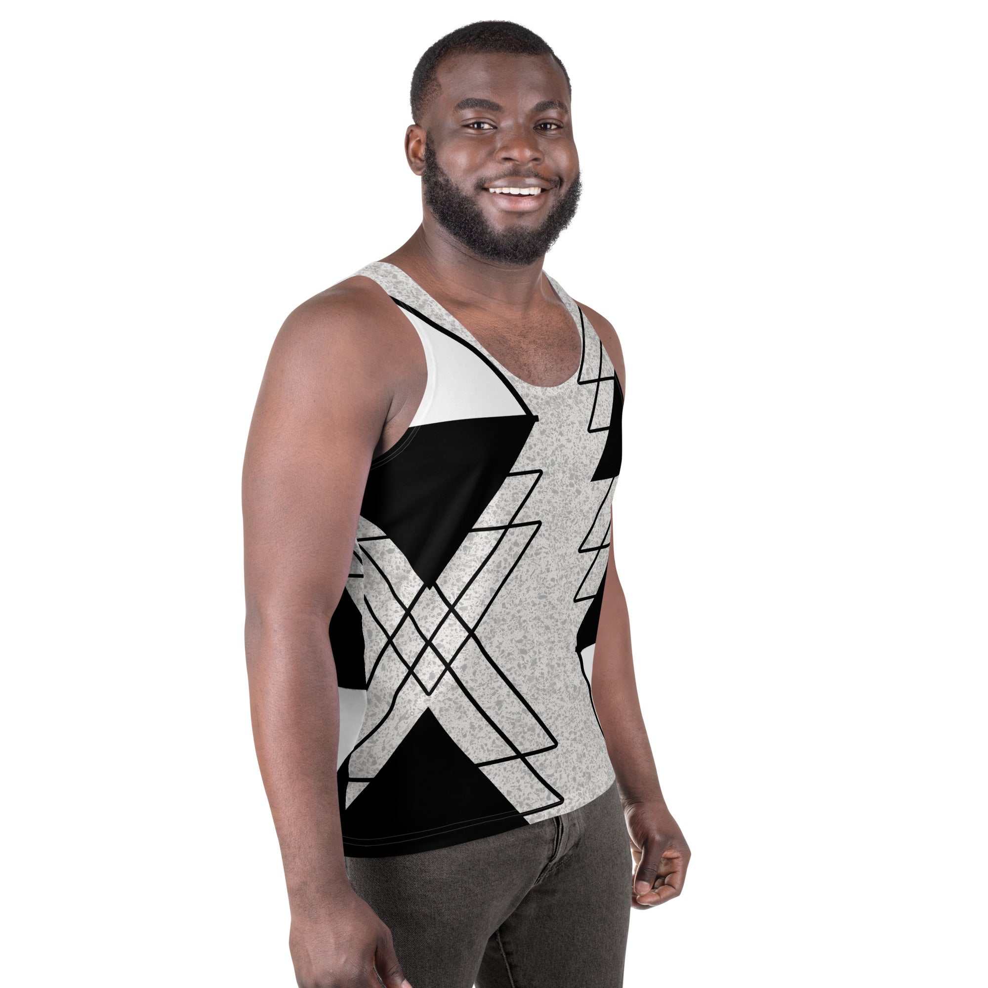 Mens Stretch Fit Tank Top in Black and White Ash Grey with a triangular colorblock design, showcasing a sleeveless style and classic crew neckline.