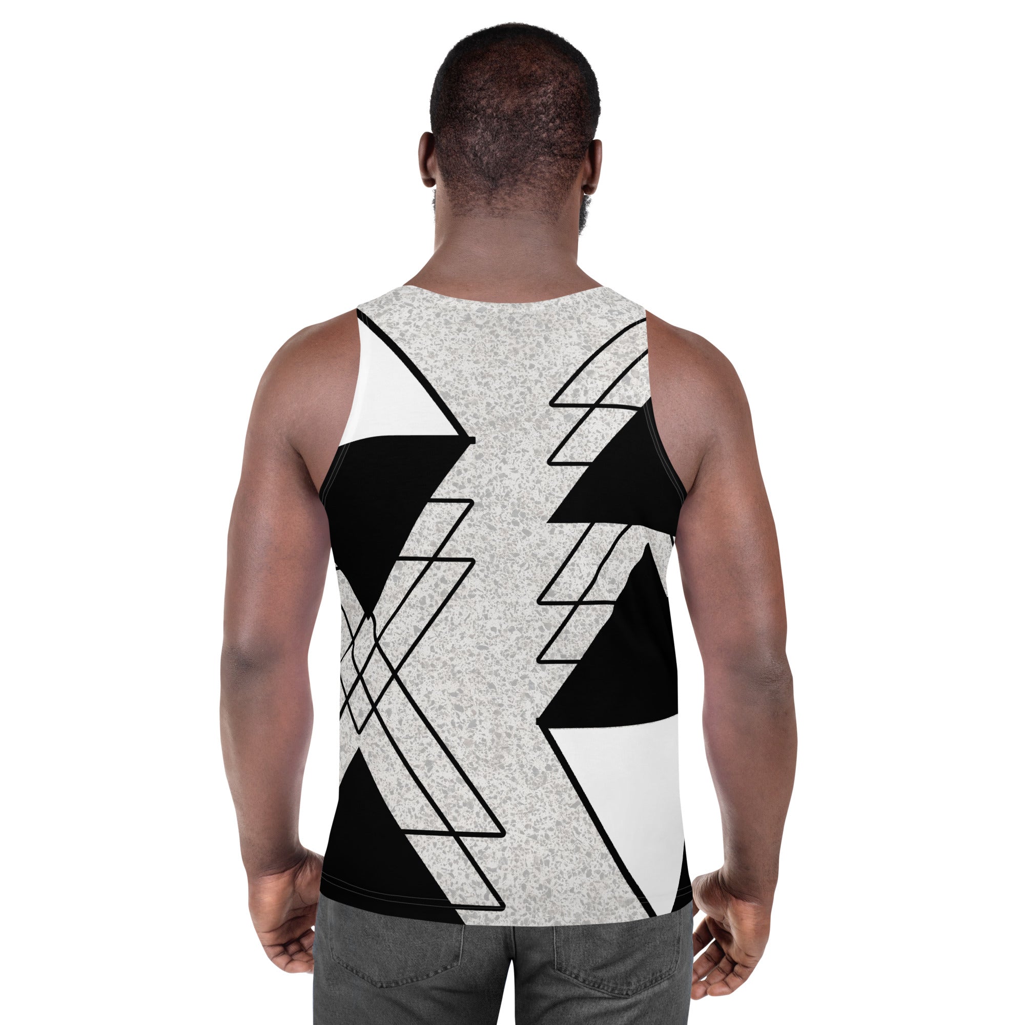 Mens Stretch Fit Tank Top in Black and White Ash Grey with a triangular colorblock design, showcasing a sleeveless style and classic crew neckline.