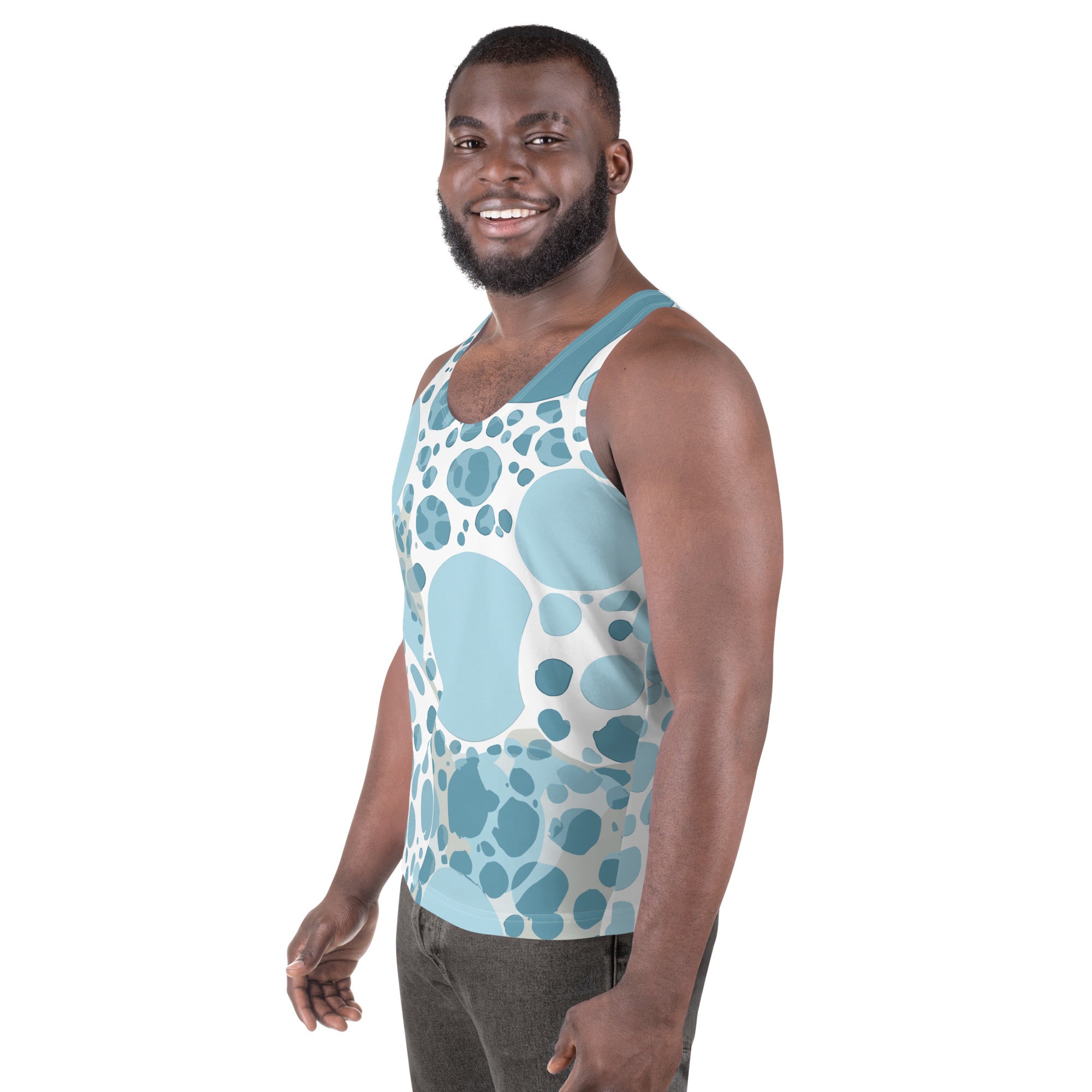 Mens Stretch Fit Tank Top in blue and white circular spotted design, showcasing a sleeveless style and classic crew neckline.