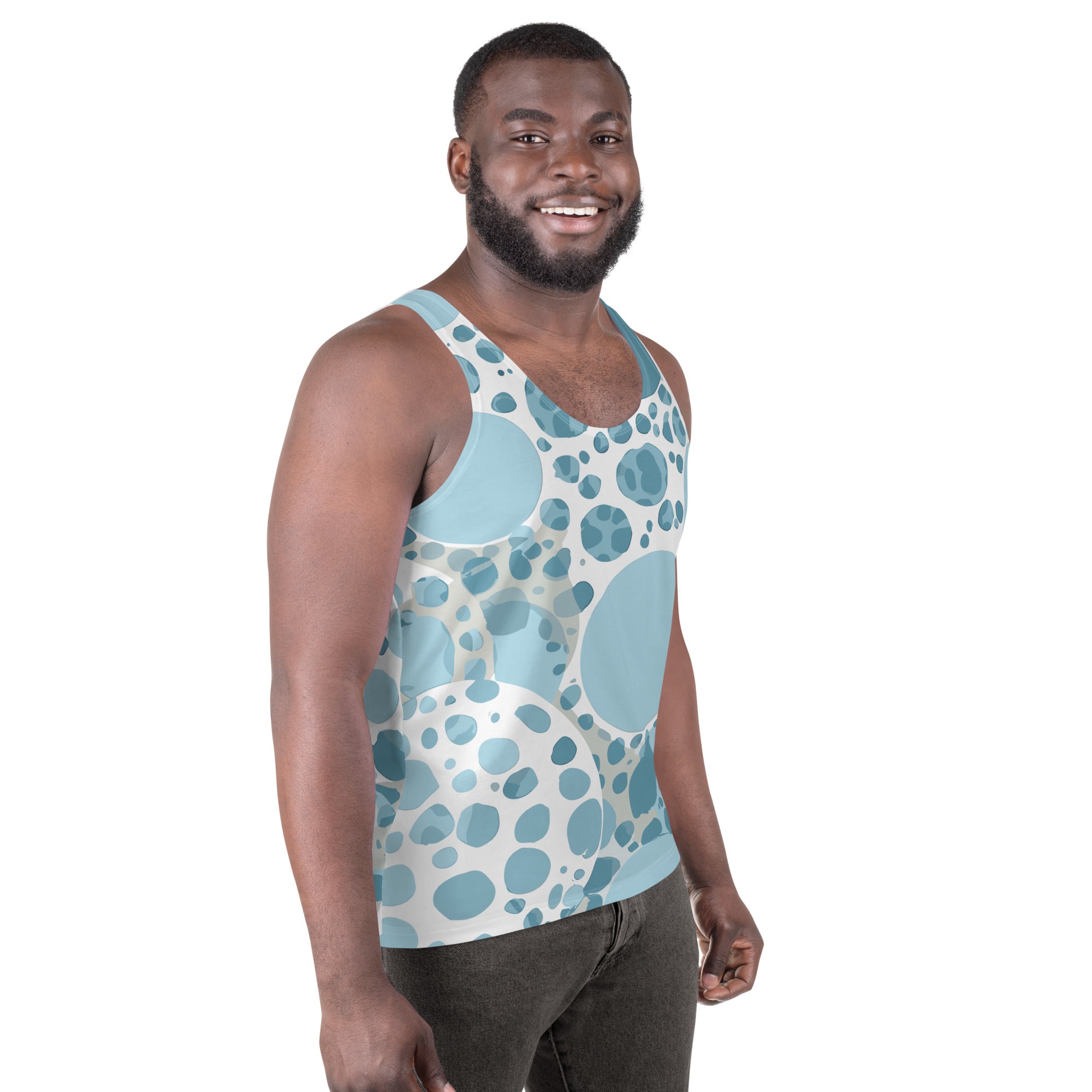 Mens Stretch Fit Tank Top in blue and white circular spotted design, showcasing a sleeveless style and classic crew neckline.