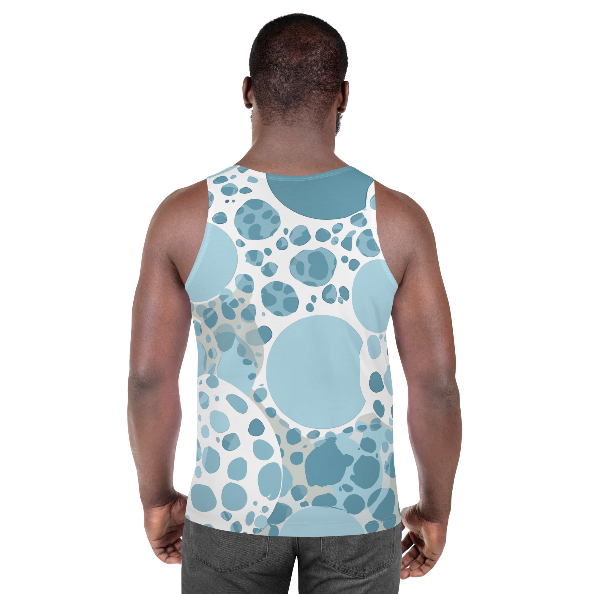 Mens Stretch Fit Tank Top in blue and white circular spotted design, showcasing a sleeveless style and classic crew neckline.