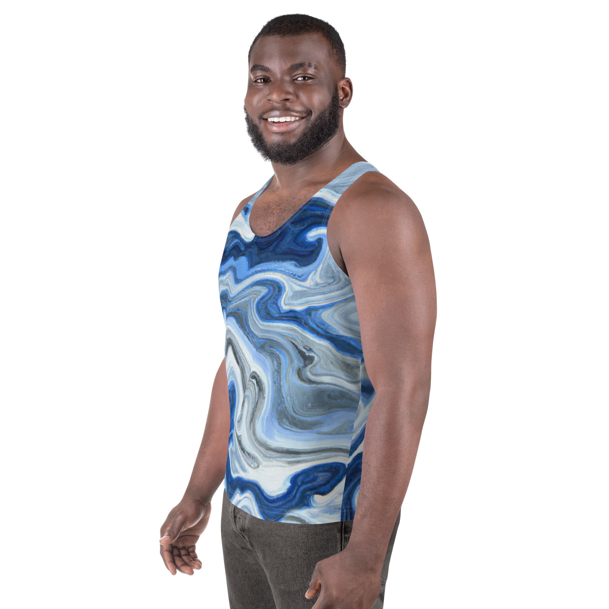 Men's Stretch Fit Tank Top in Blue Grey Marble Print, showcasing a sleeveless design and classic crew neckline for versatile styling.