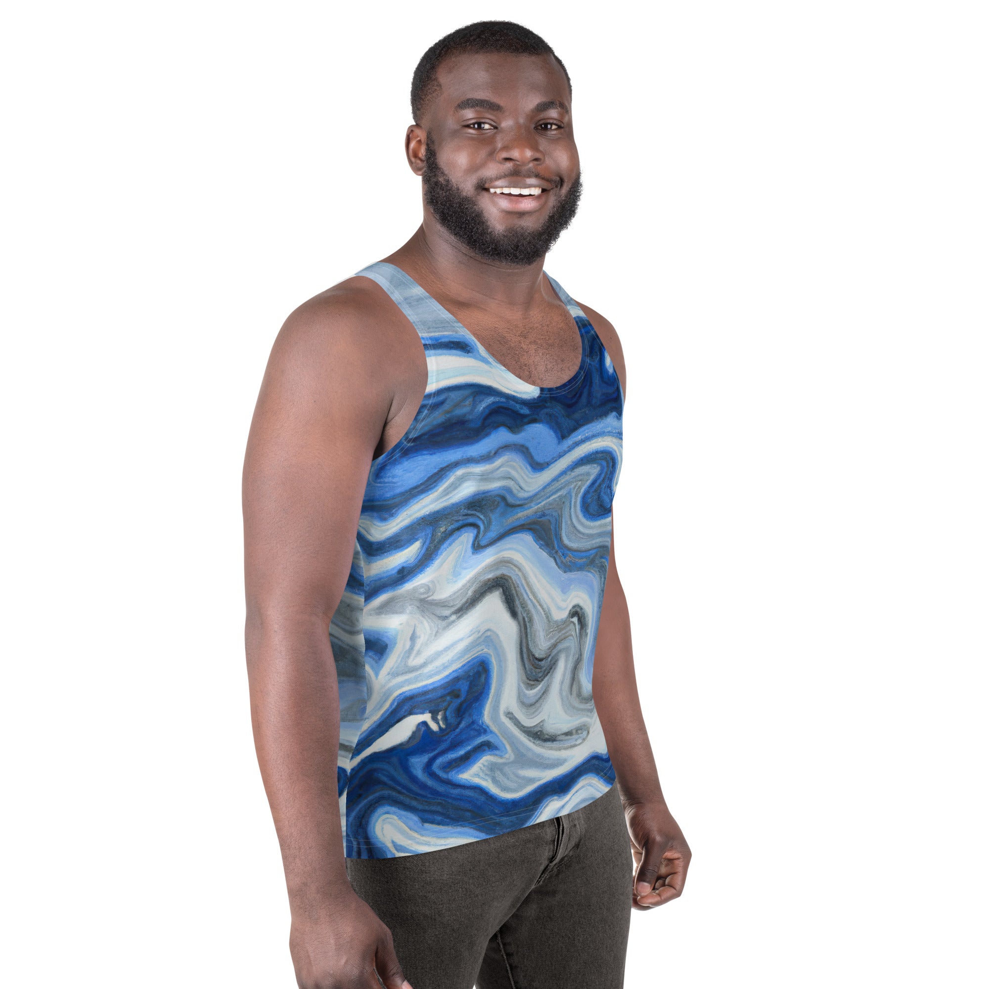 Men's Stretch Fit Tank Top in Blue Grey Marble Print, showcasing a sleeveless design and classic crew neckline for versatile styling.