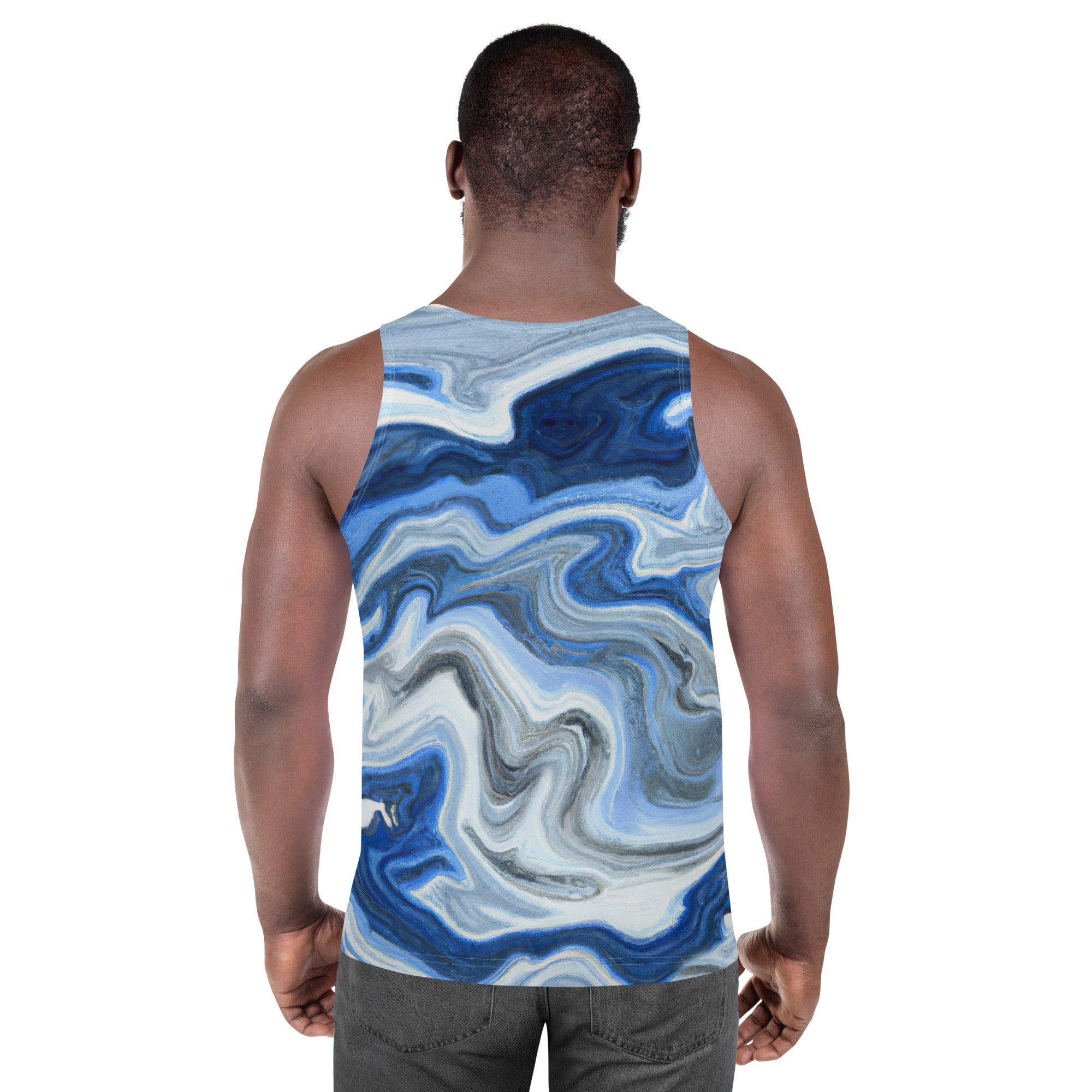 Men's Stretch Fit Tank Top in Blue Grey Marble Print, showcasing a sleeveless design and classic crew neckline for versatile styling.