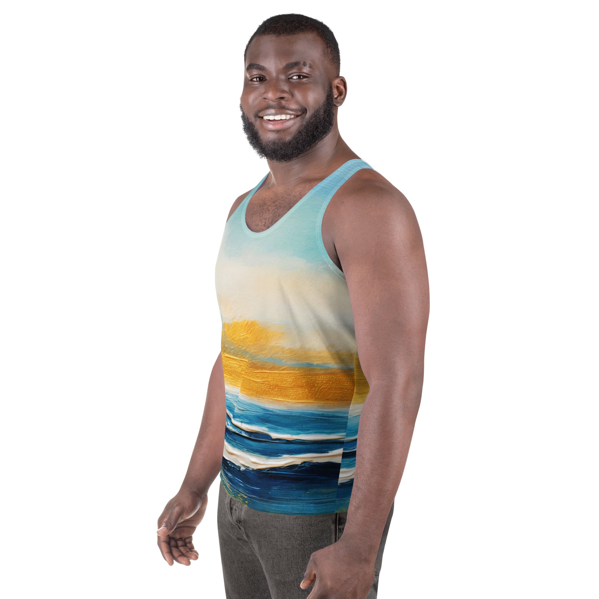 Mens Stretch Fit Tank Top featuring a Blue Ocean Golden Sunset Print, showcasing a sleeveless design and classic crew neckline.