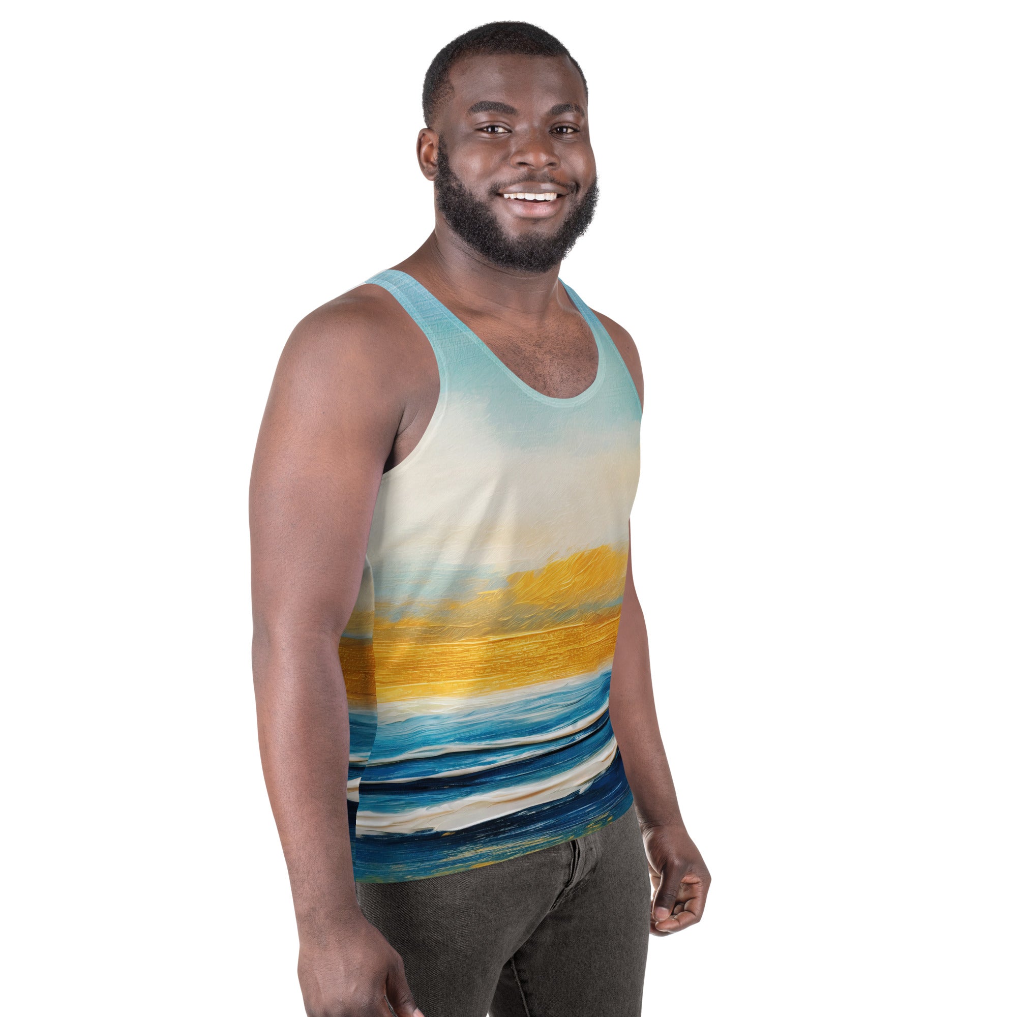 Mens Stretch Fit Tank Top featuring a Blue Ocean Golden Sunset Print, showcasing a sleeveless design and classic crew neckline.