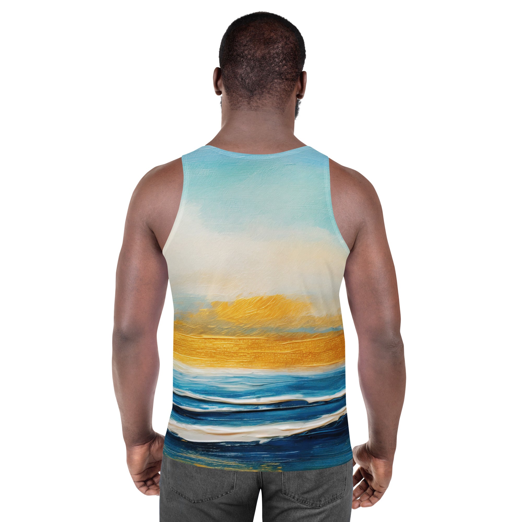 Mens Stretch Fit Tank Top featuring a Blue Ocean Golden Sunset Print, showcasing a sleeveless design and classic crew neckline.