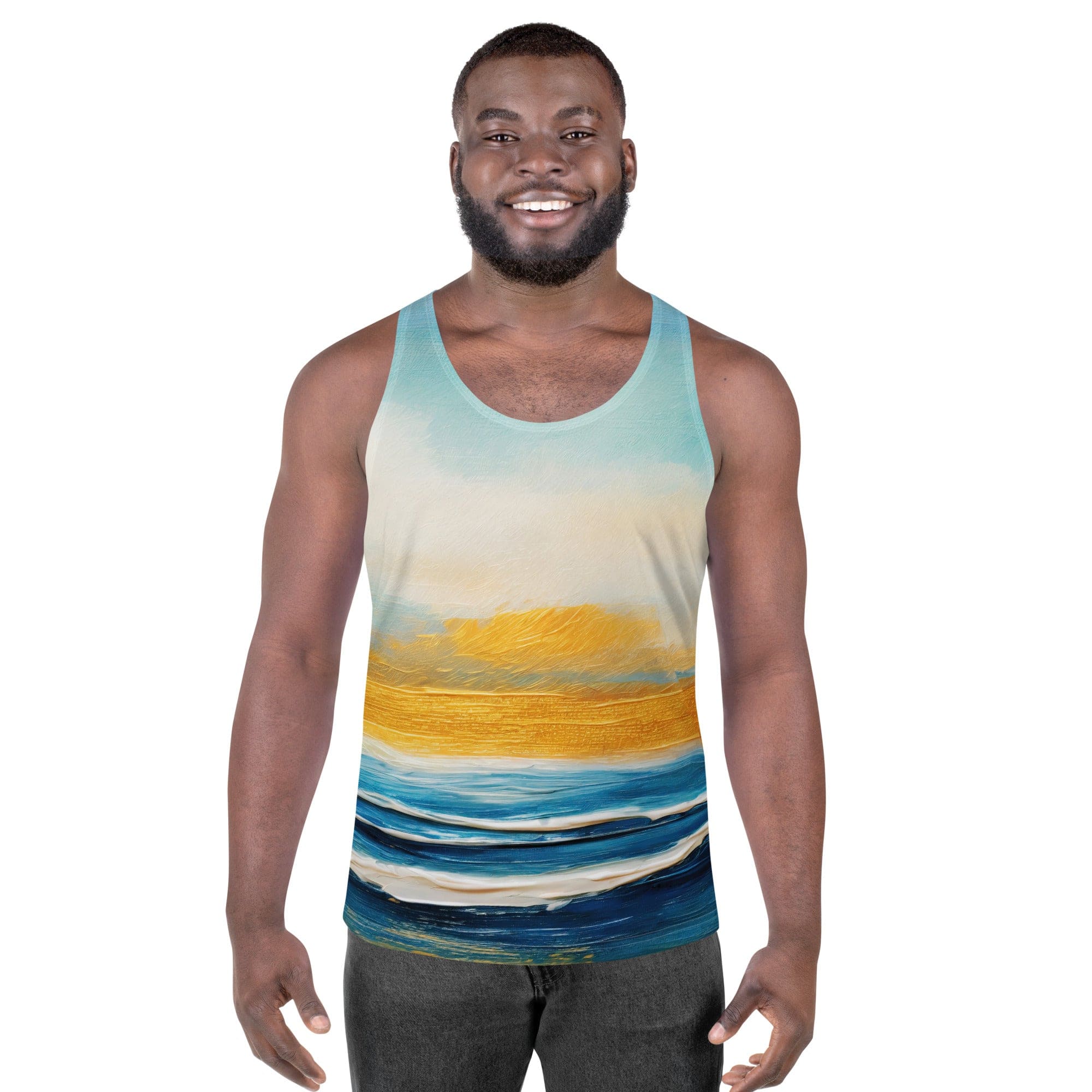 Mens Stretch Fit Tank Top featuring a Blue Ocean Golden Sunset Print, showcasing a sleeveless design and classic crew neckline.