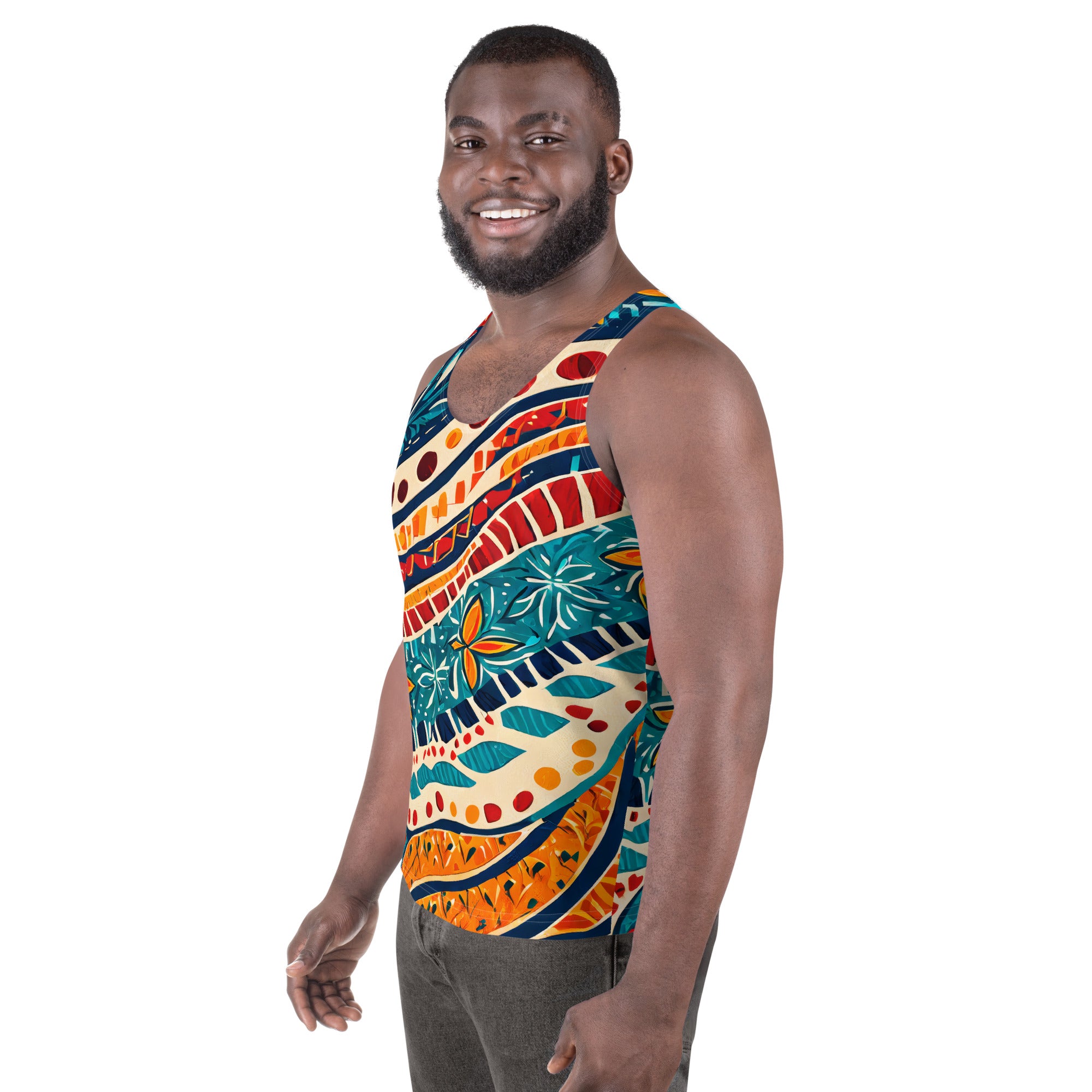 Mens Stretch Fit Tank Top featuring a vibrant Boho floral print, designed for comfort and style, perfect for active and casual wear.