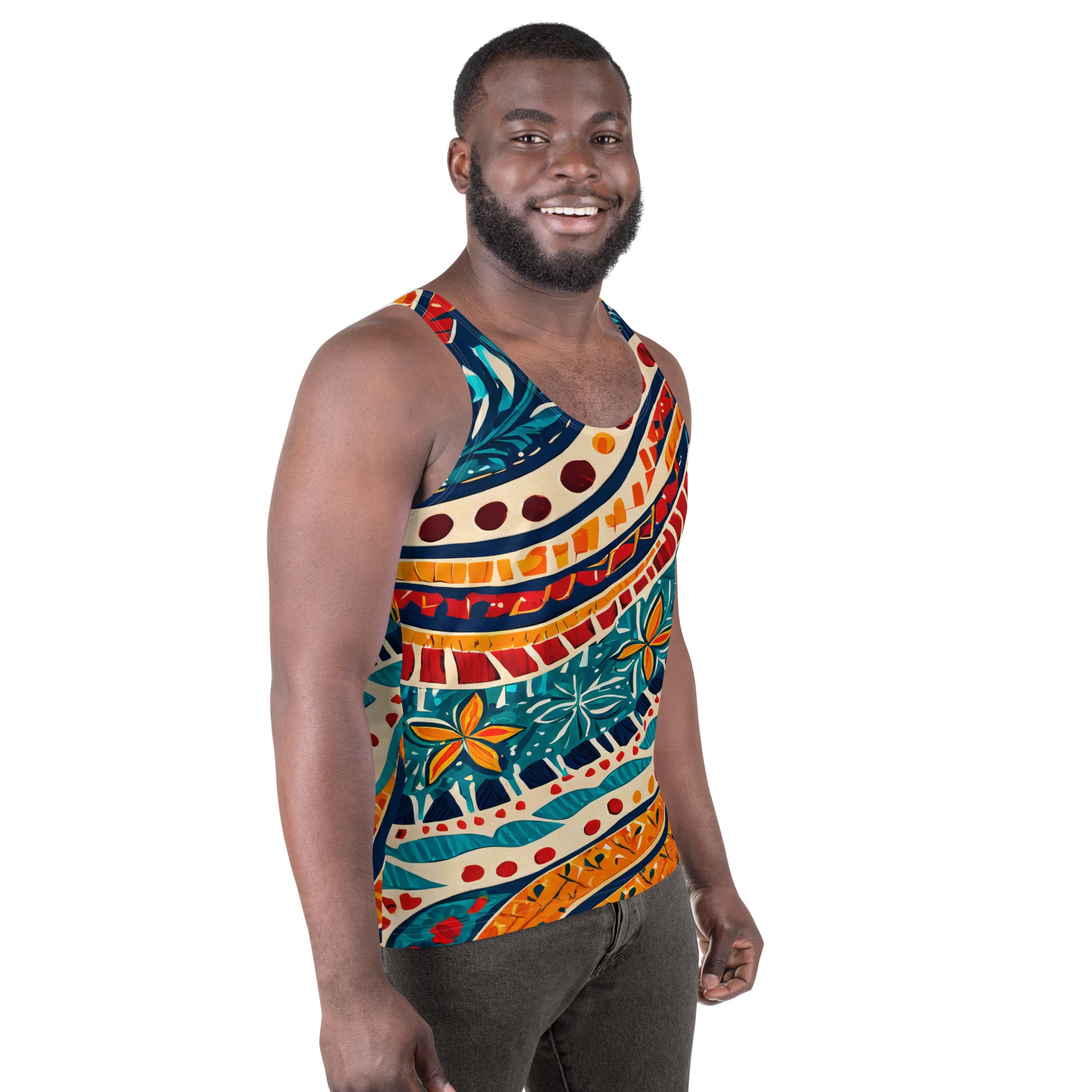 Mens Stretch Fit Tank Top featuring a vibrant Boho floral print, designed for comfort and style, perfect for active and casual wear.