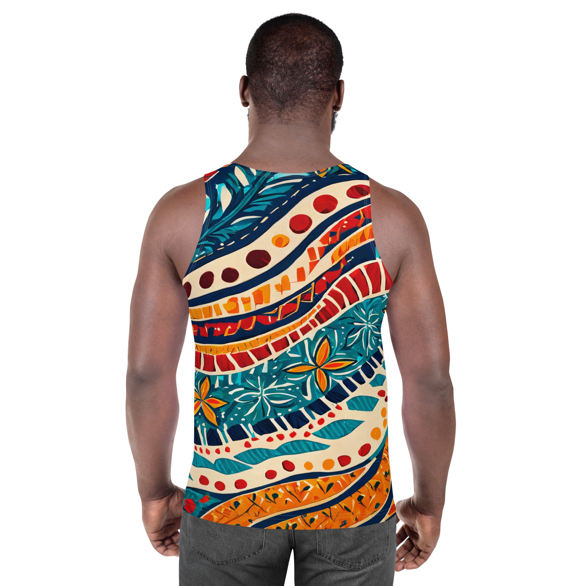 Mens Stretch Fit Tank Top featuring a vibrant Boho floral print, designed for comfort and style, perfect for active and casual wear.