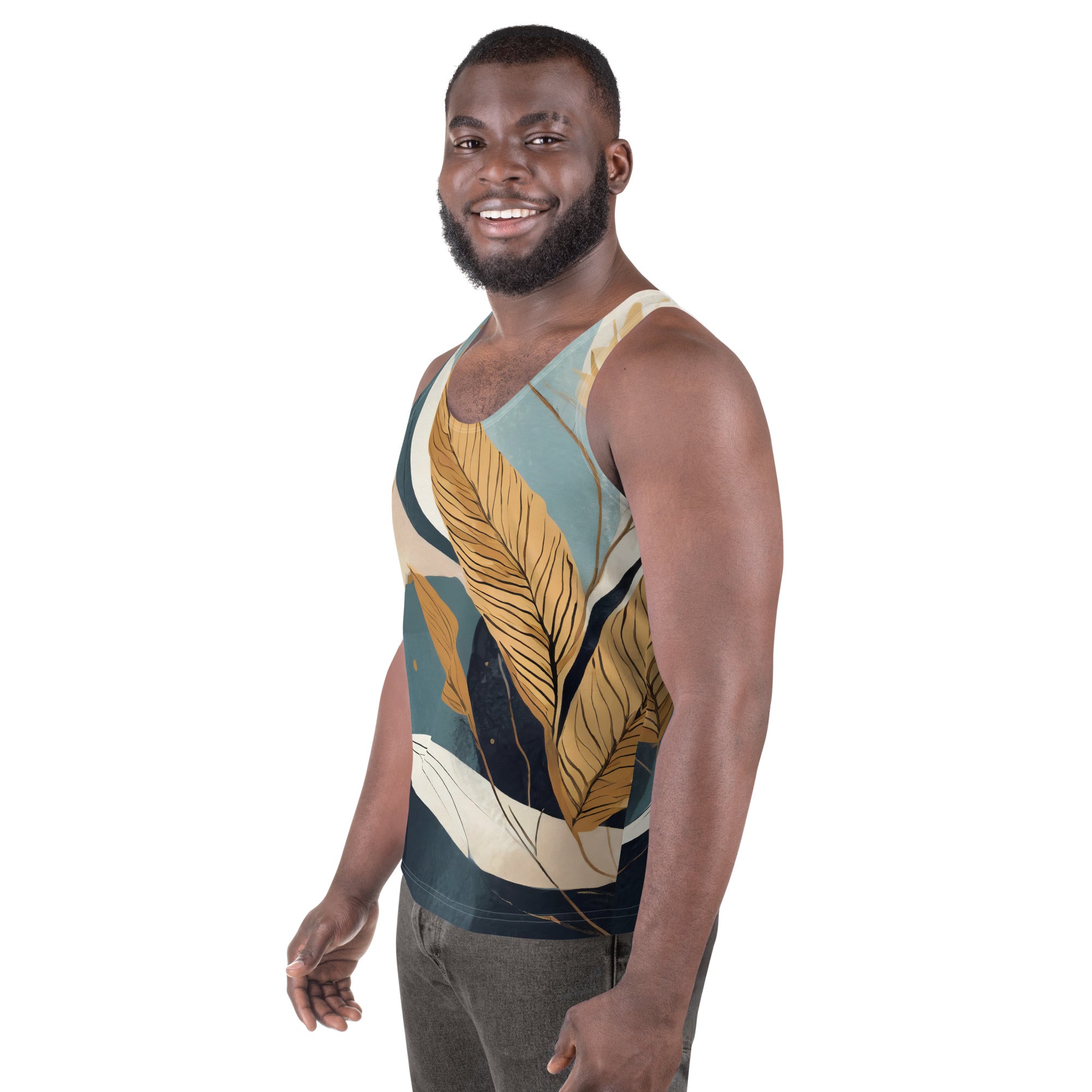 Mens Stretch Fit Tank Top featuring a Boho style print, showcasing a sleeveless design and classic crew neckline for comfort and style.