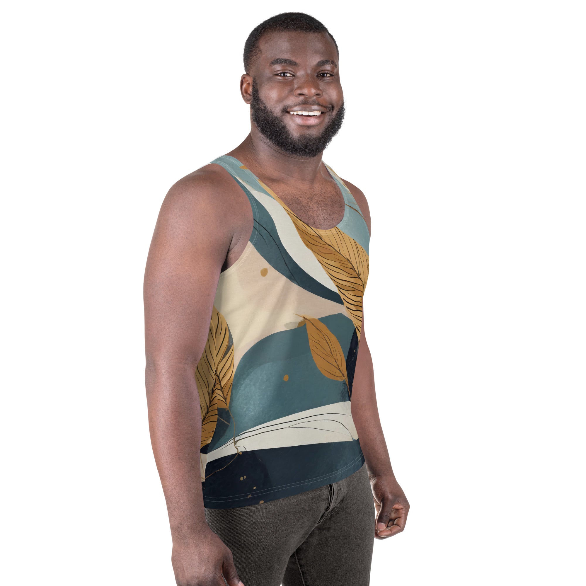 Mens Stretch Fit Tank Top featuring a Boho style print, showcasing a sleeveless design and classic crew neckline for comfort and style.