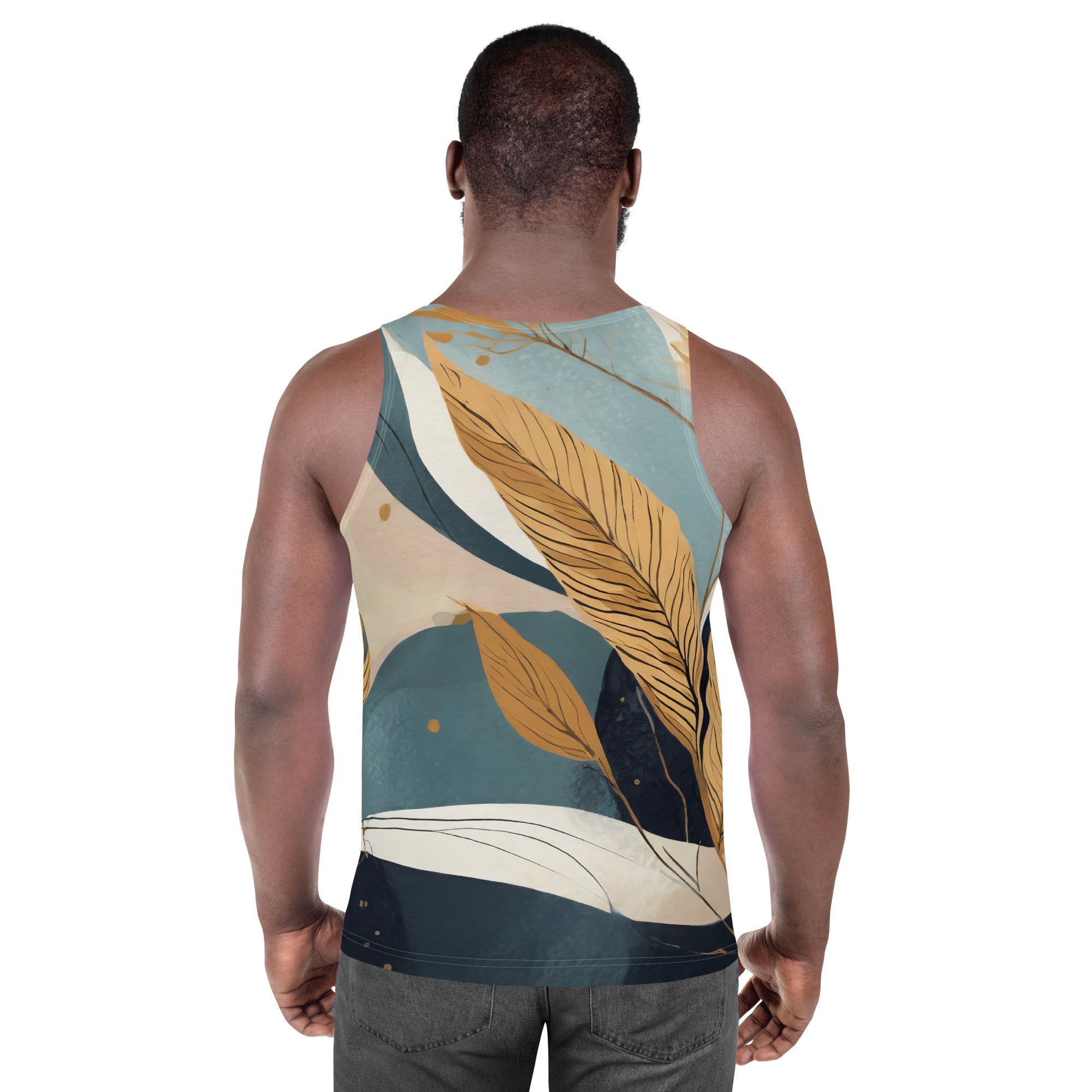 Mens Stretch Fit Tank Top featuring a Boho style print, showcasing a sleeveless design and classic crew neckline for comfort and style.