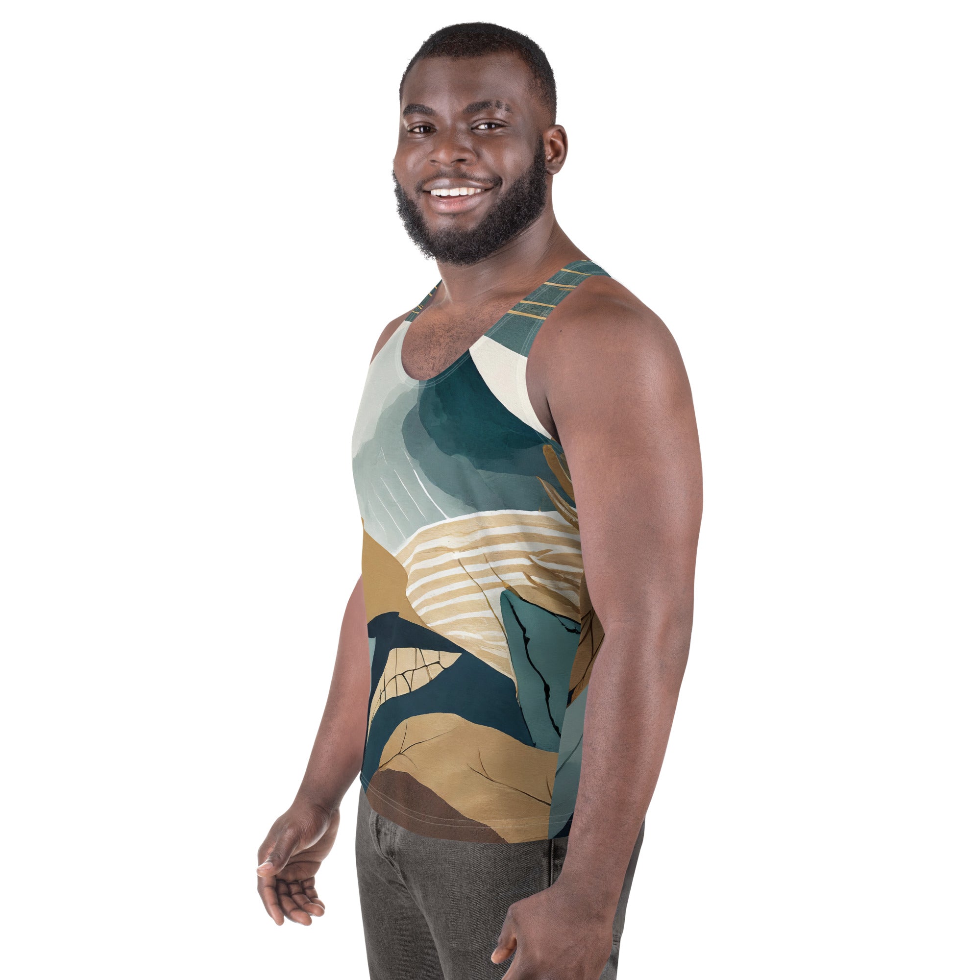 Mens Stretch Fit Tank Top featuring a vibrant boho style print, designed for comfort and versatility.