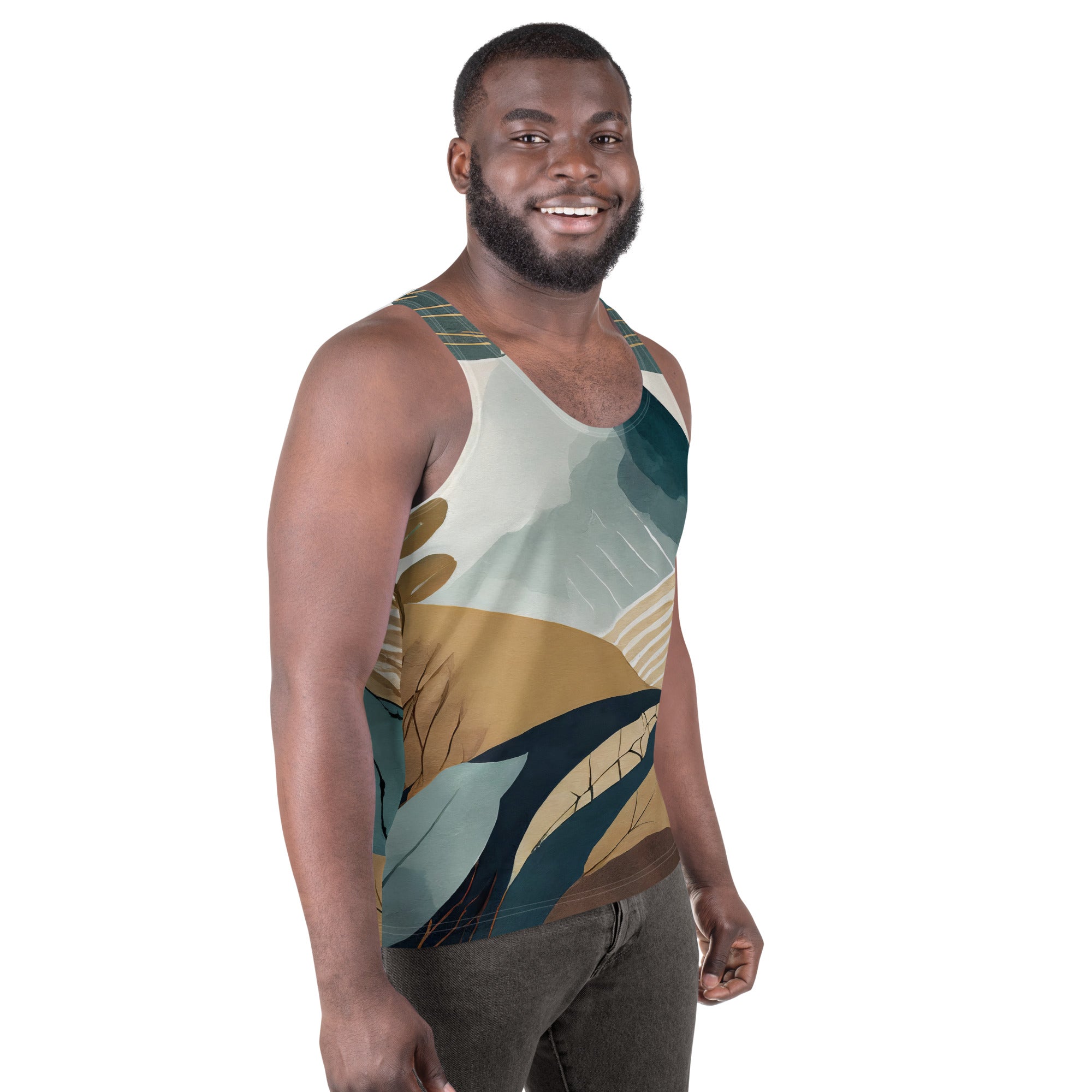 Mens Stretch Fit Tank Top featuring a vibrant boho style print, designed for comfort and versatility.