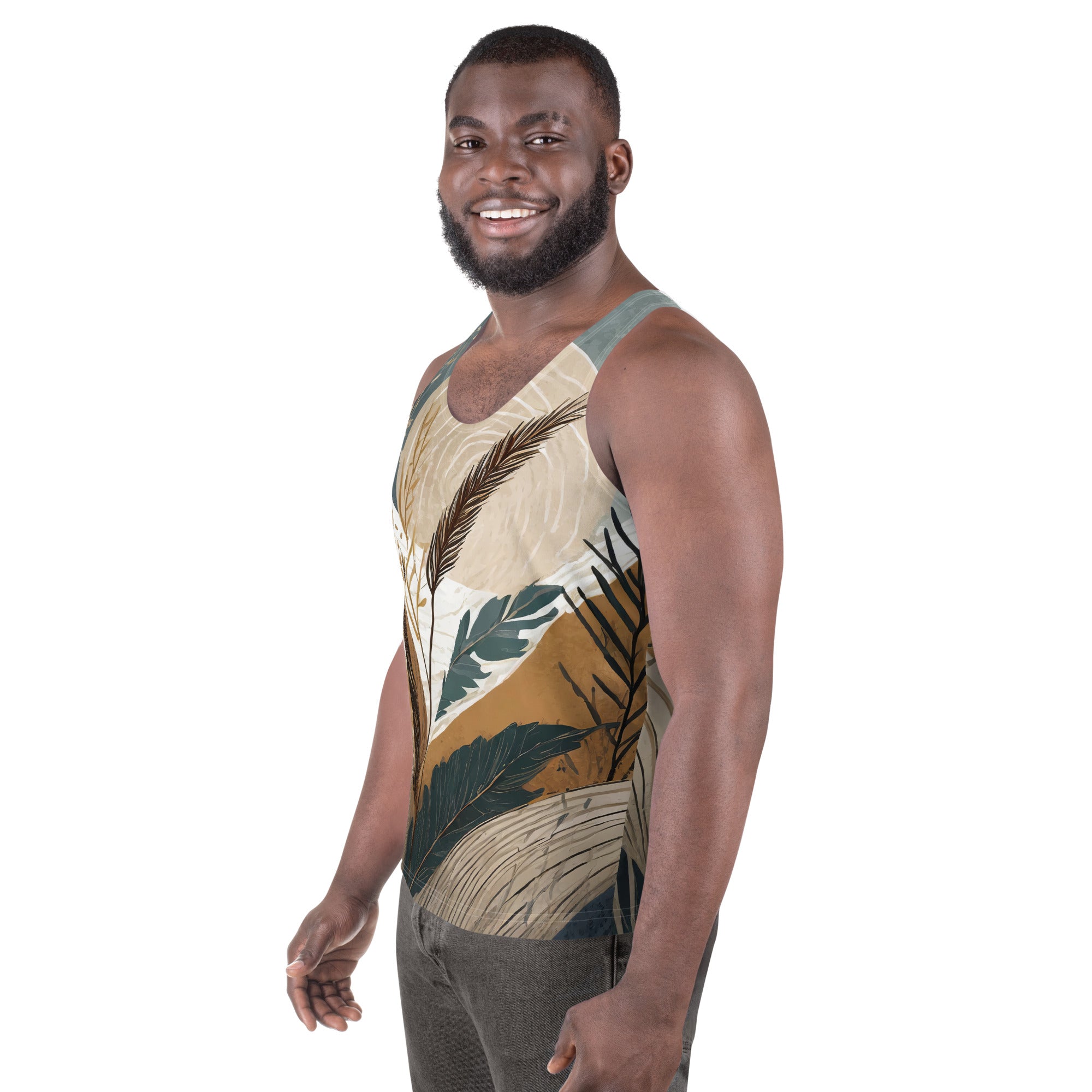 Mens Stretch Fit Tank Top featuring a vibrant Boho style print, showcasing a sleeveless design and classic crew neckline.