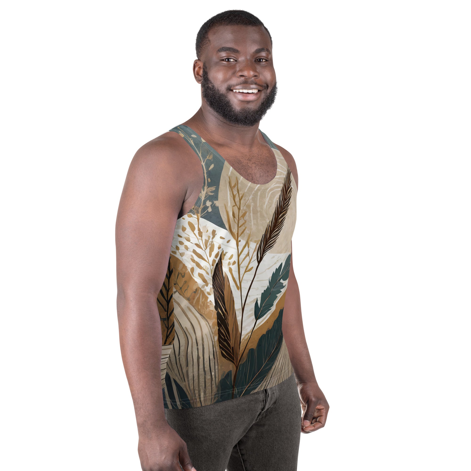 Mens Stretch Fit Tank Top featuring a vibrant Boho style print, showcasing a sleeveless design and classic crew neckline.