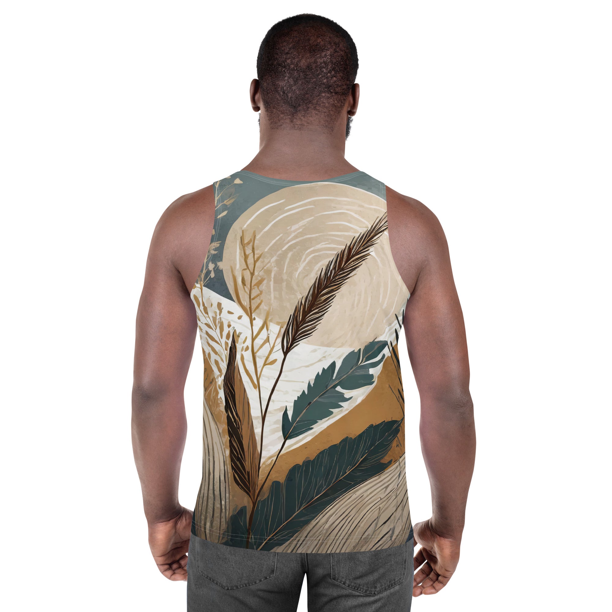 Mens Stretch Fit Tank Top featuring a vibrant Boho style print, showcasing a sleeveless design and classic crew neckline.