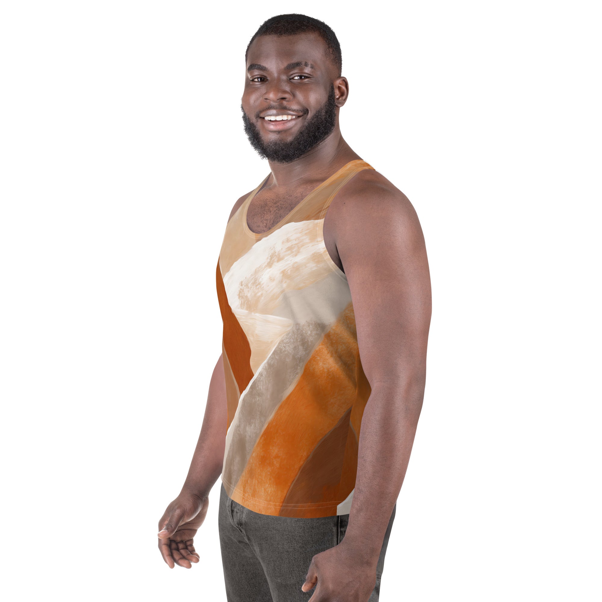 Mens Stretch Fit Tank Top featuring a vibrant Boho watercolor print, showcasing a sleeveless design and classic crew neckline.