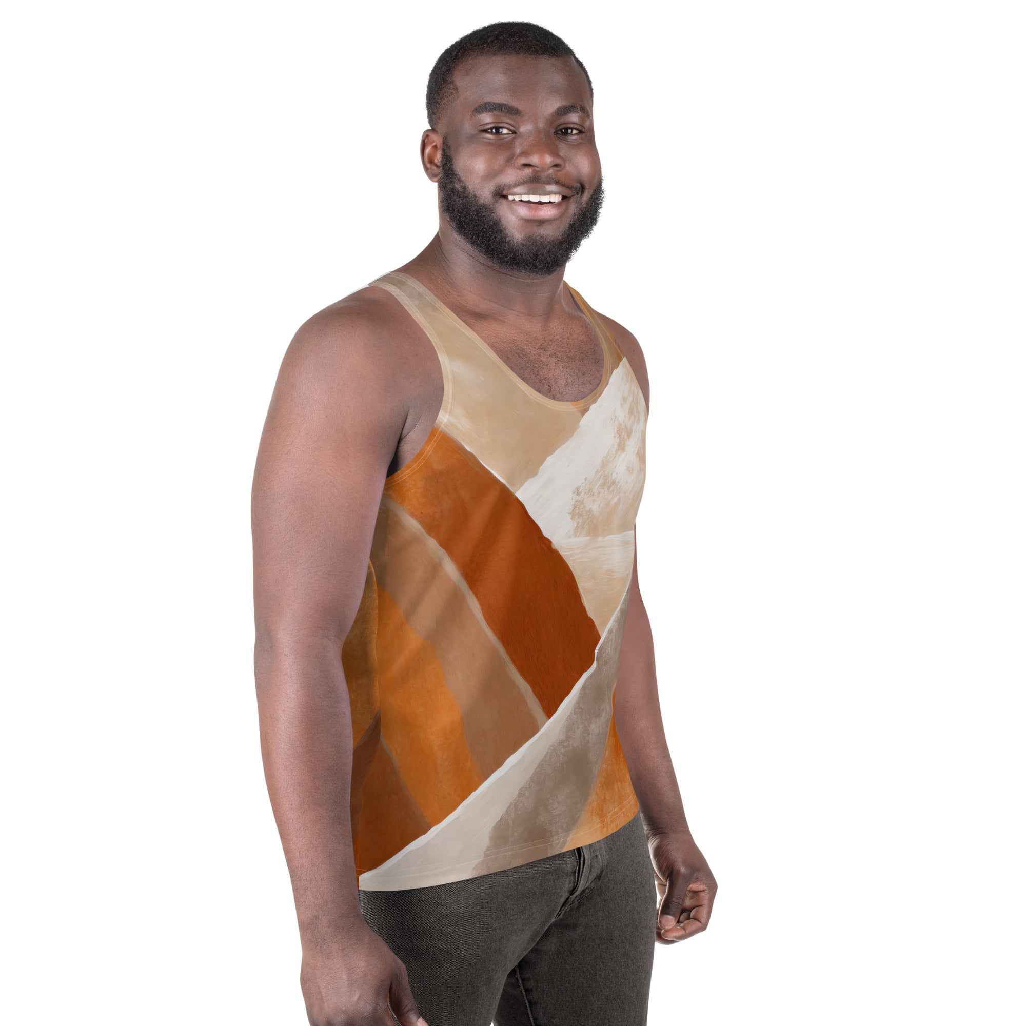 Mens Stretch Fit Tank Top featuring a vibrant Boho watercolor print, showcasing a sleeveless design and classic crew neckline.