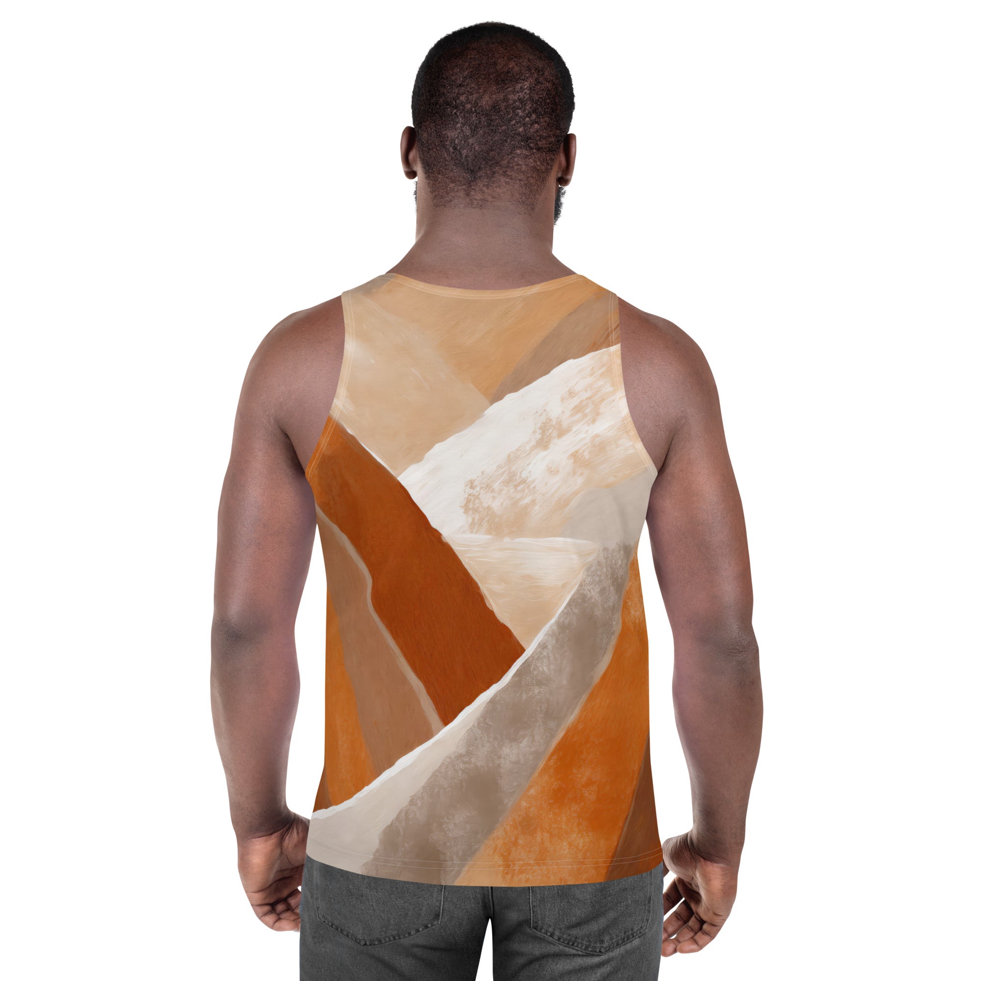 Mens Stretch Fit Tank Top featuring a vibrant Boho watercolor print, showcasing a sleeveless design and classic crew neckline.