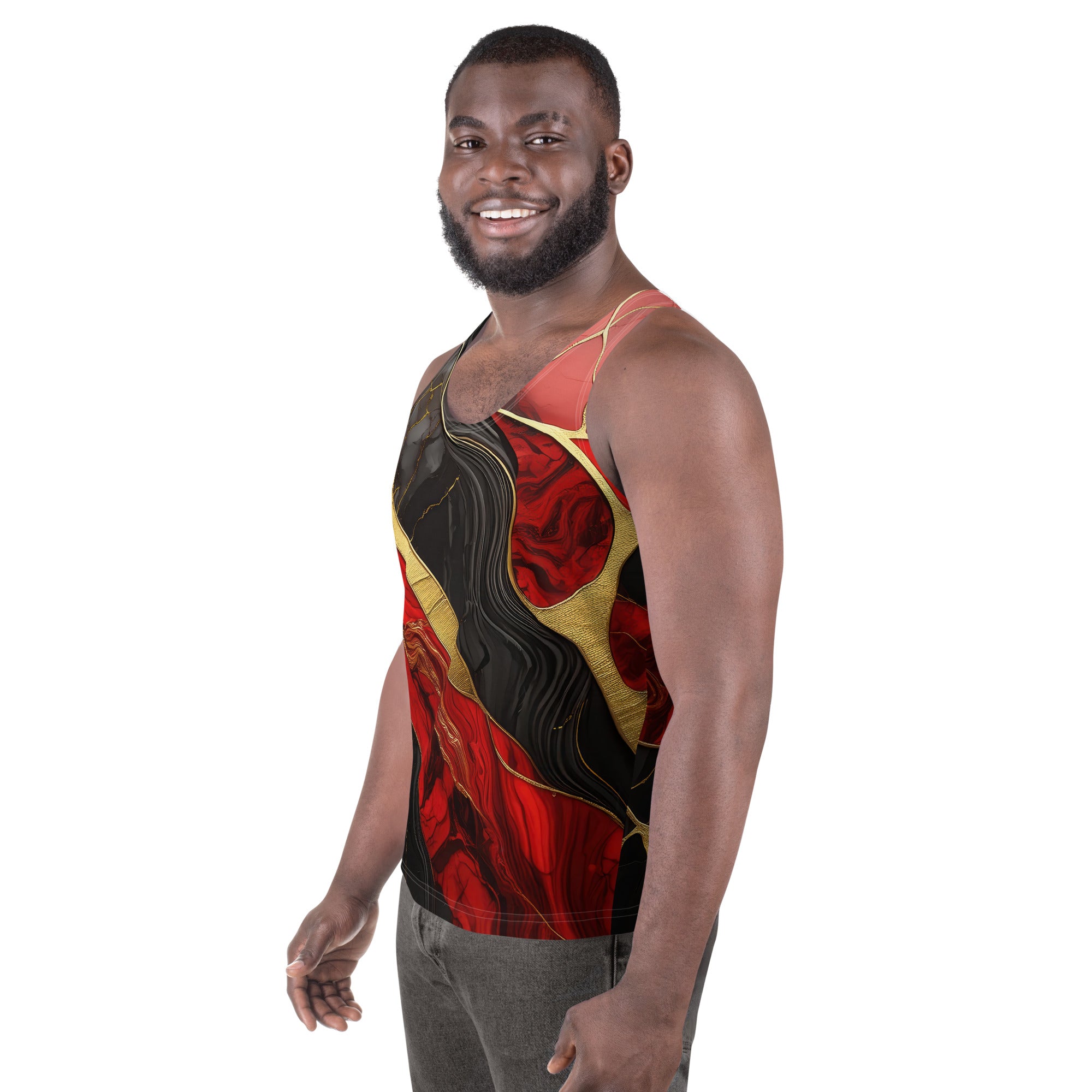 Men's Stretch Fit Tank Top in bold red and gold tones with a brick red pattern and black and gold marble design, showcasing its sleeveless style and crew neckline.