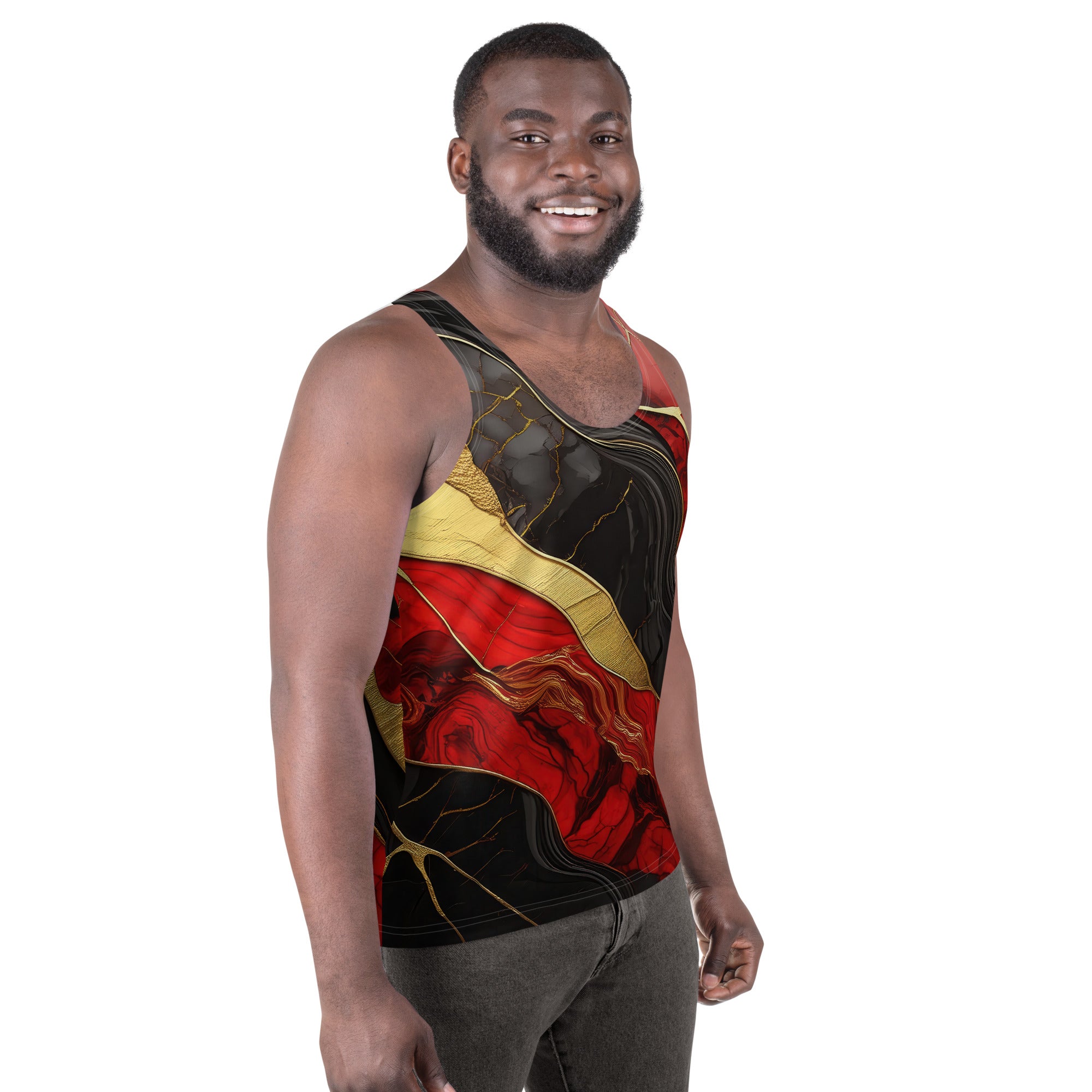 Men's Stretch Fit Tank Top in bold red and gold tones with a brick red pattern and black and gold marble design, showcasing its sleeveless style and crew neckline.