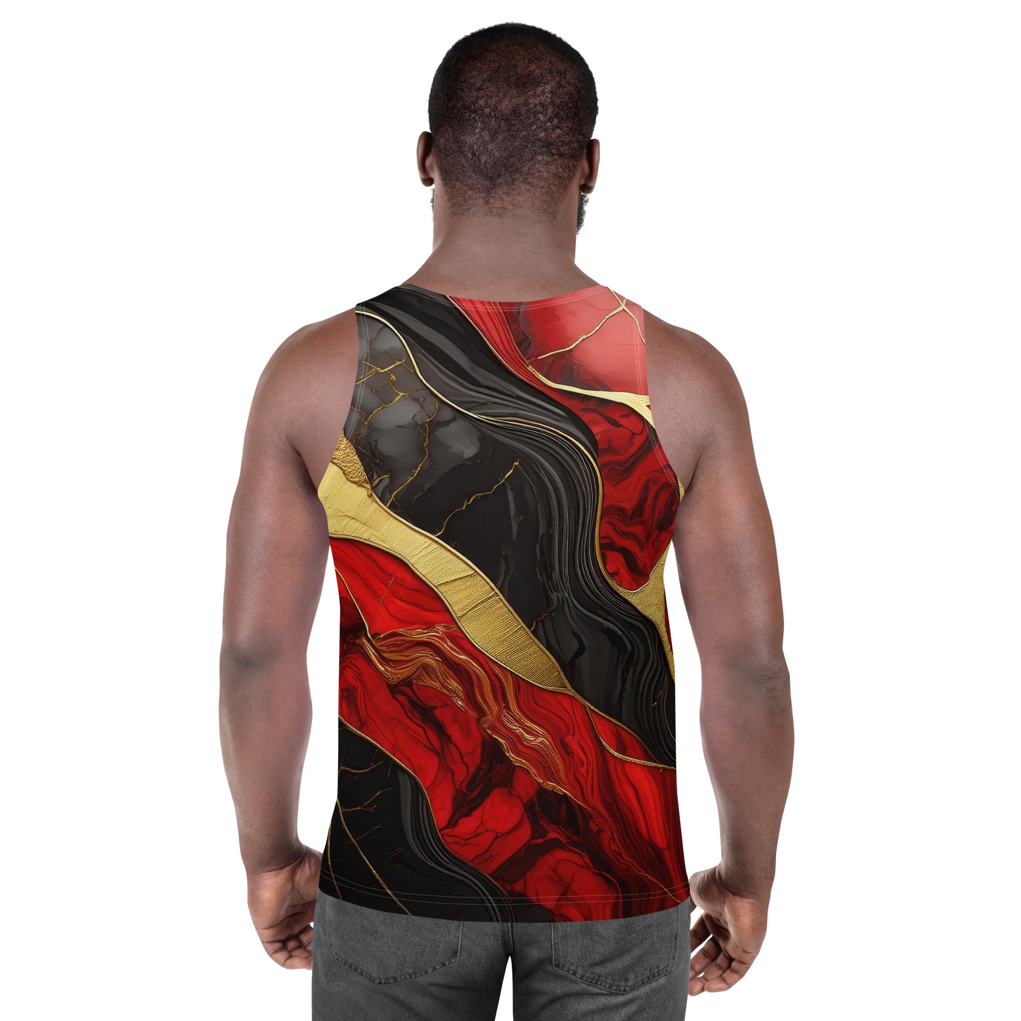 Men's Stretch Fit Tank Top in bold red and gold tones with a brick red pattern and black and gold marble design, showcasing its sleeveless style and crew neckline.