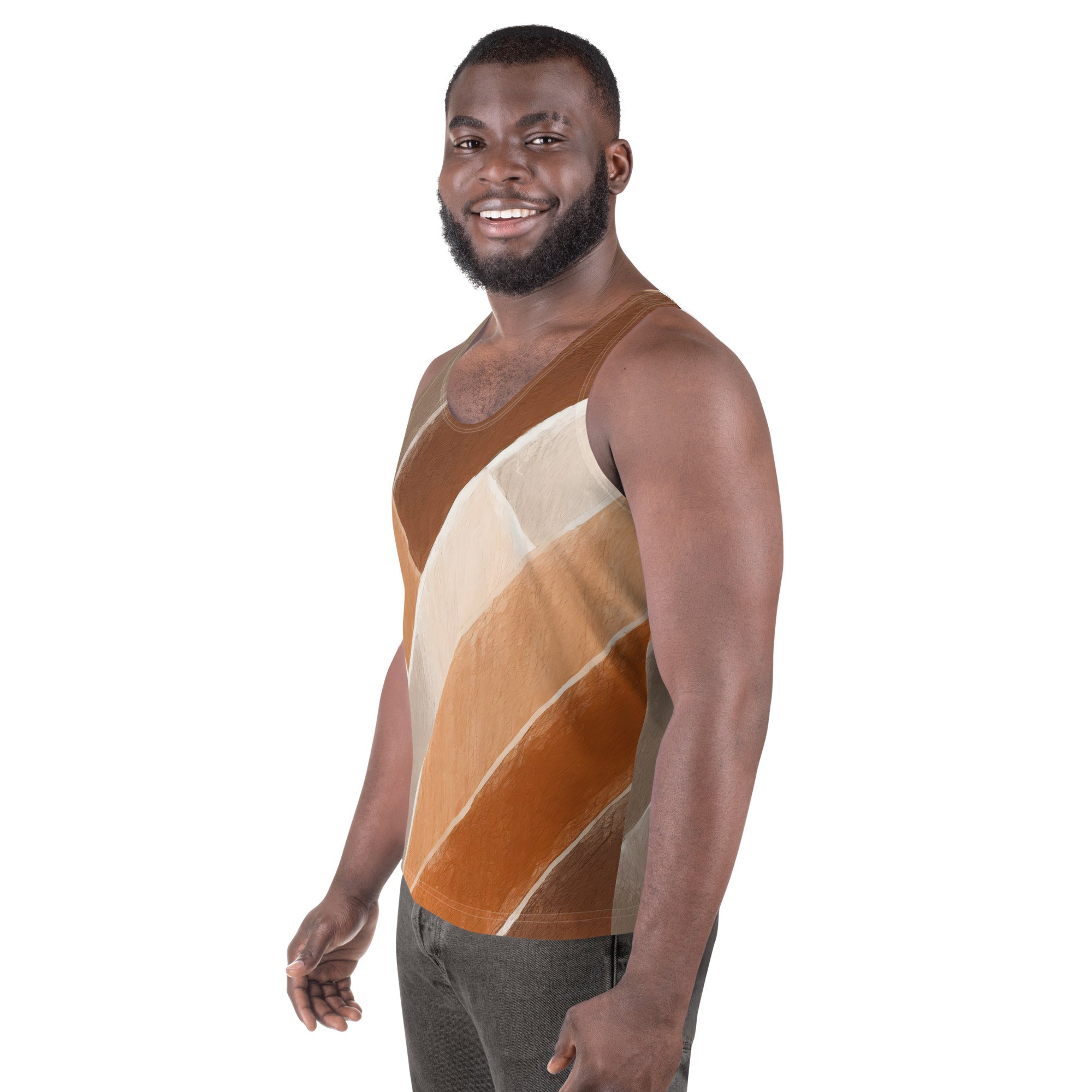 Mens Stretch Fit Tank Top in Brown Rustic Watercolors Print, showcasing a stylish and comfortable sleeveless design.