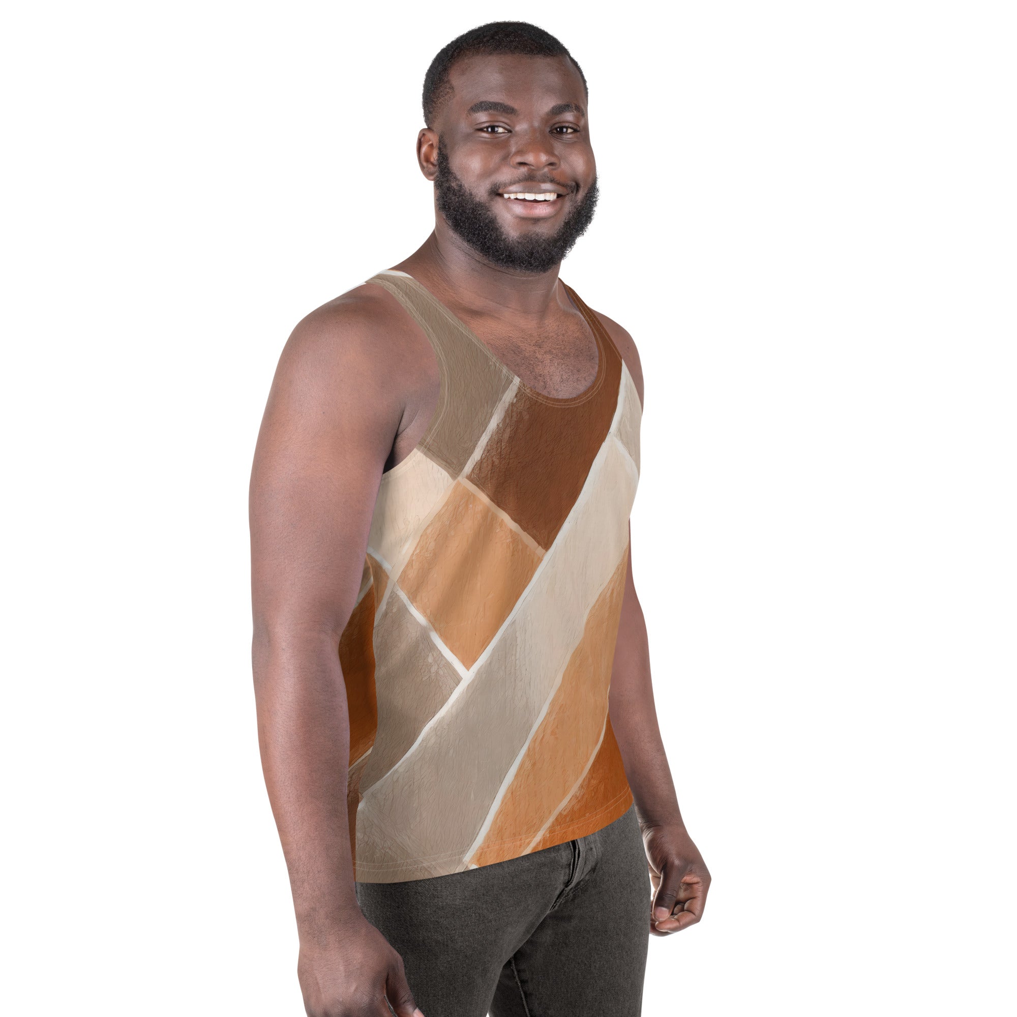 Mens Stretch Fit Tank Top in Brown Rustic Watercolors Print, showcasing a stylish and comfortable sleeveless design.