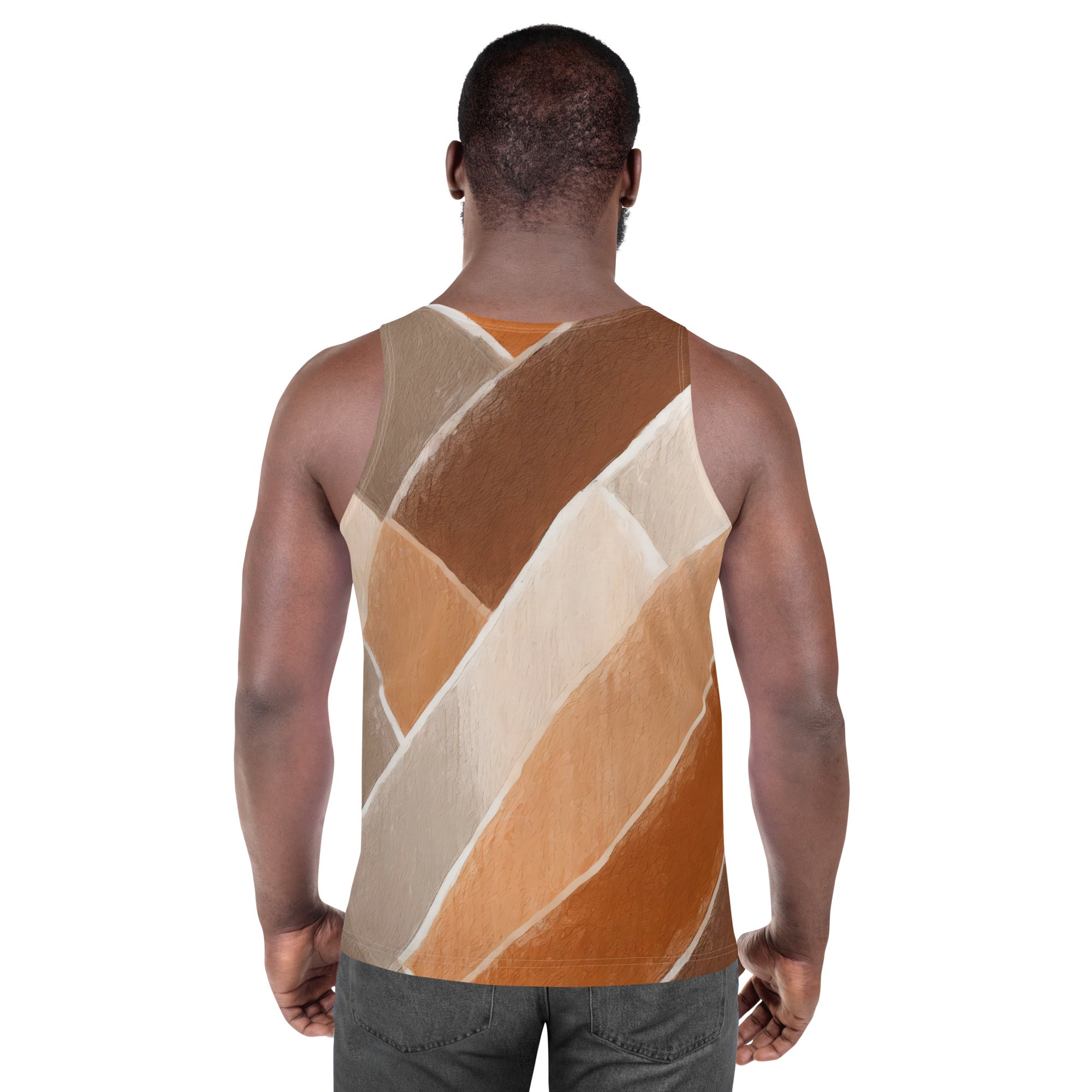 Mens Stretch Fit Tank Top in Brown Rustic Watercolors Print, showcasing a stylish and comfortable sleeveless design.