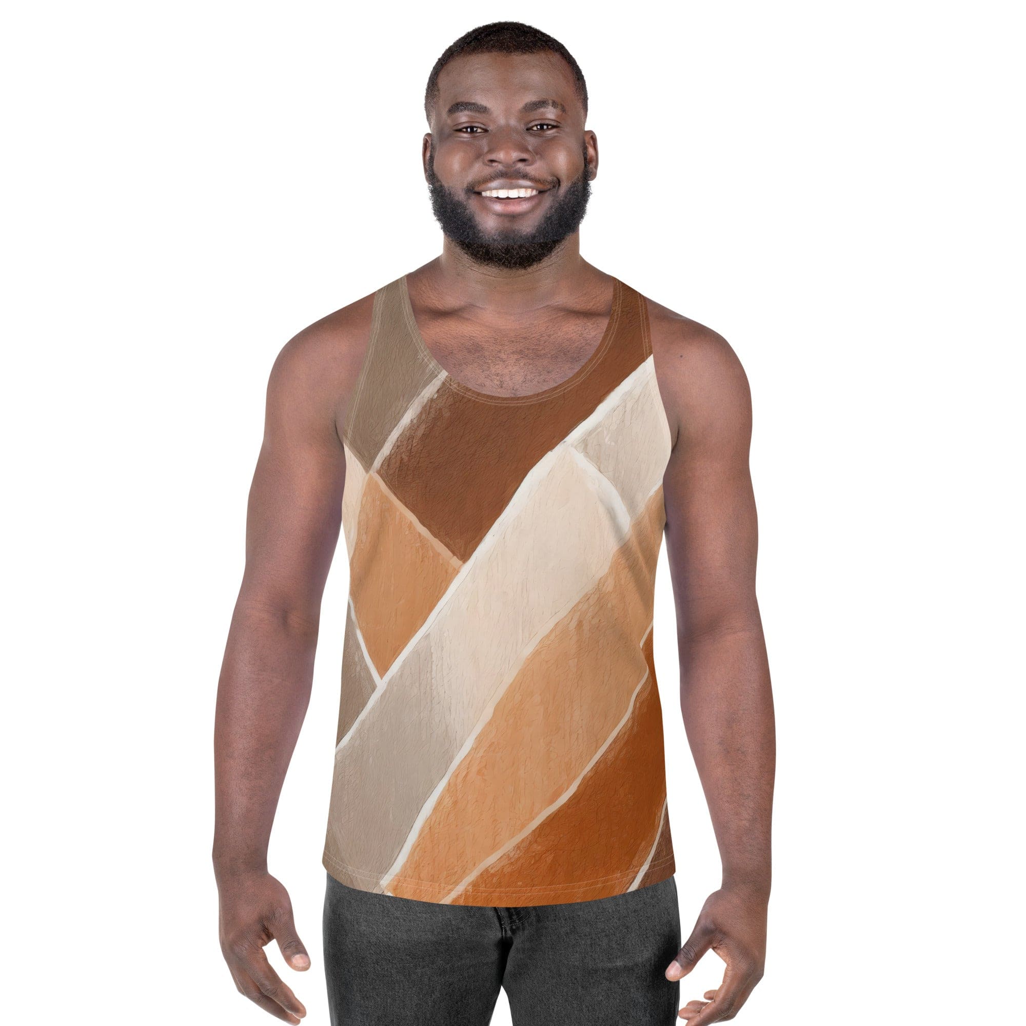 Mens Stretch Fit Tank Top in Brown Rustic Watercolors Print, showcasing a stylish and comfortable sleeveless design.