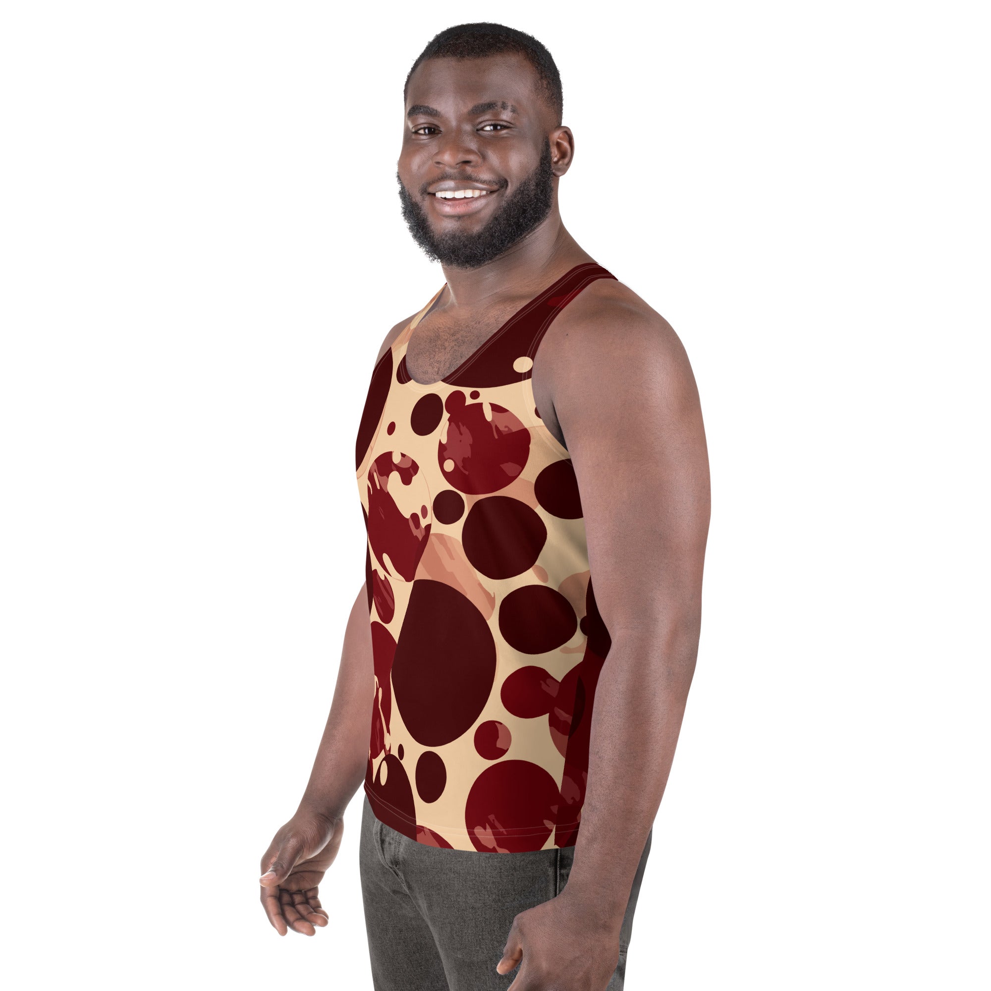 Mens Stretch Fit Tank Top in Burgundy and Beige with Circular Print, showcasing a stylish and comfortable design.