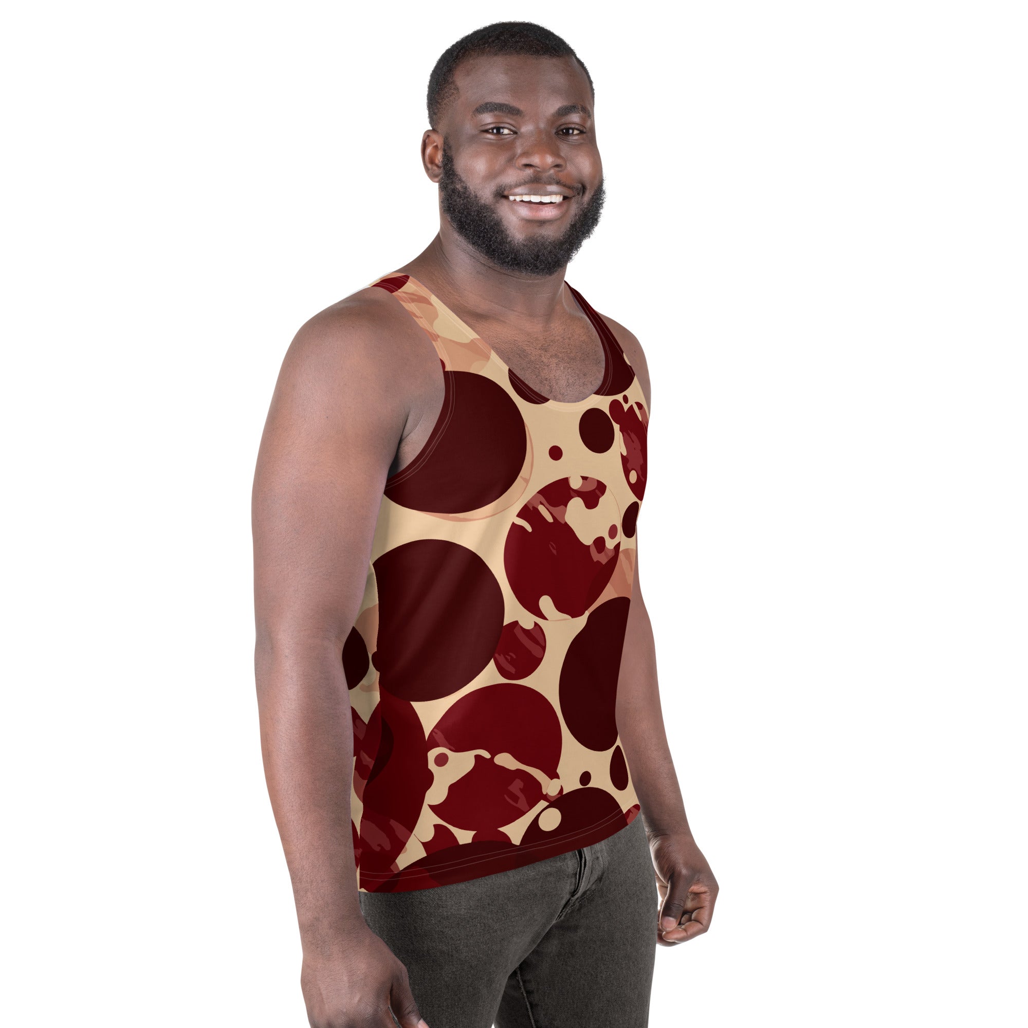 Mens Stretch Fit Tank Top in Burgundy and Beige with Circular Print, showcasing a stylish and comfortable design.