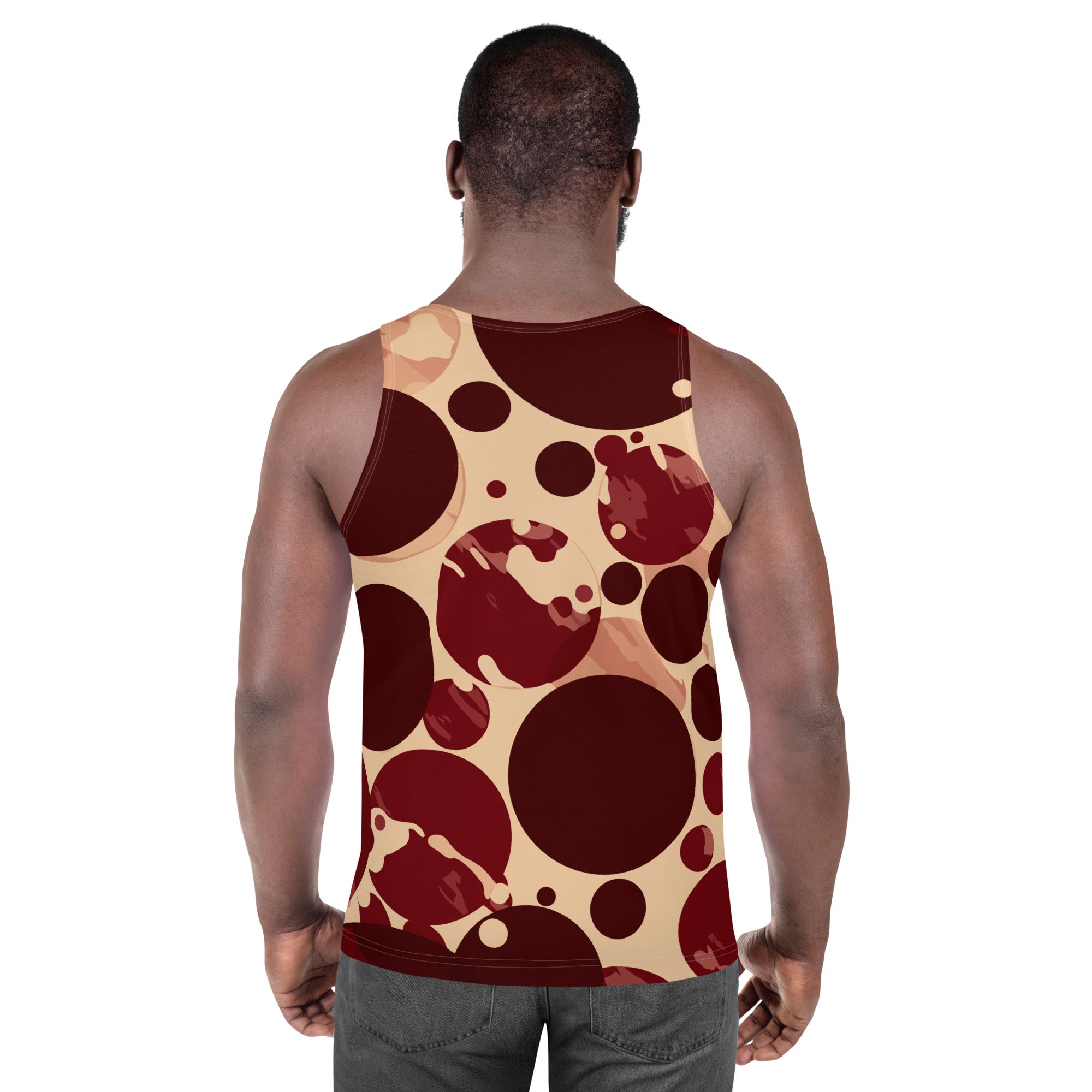 Mens Stretch Fit Tank Top in Burgundy and Beige with Circular Print, showcasing a stylish and comfortable design.