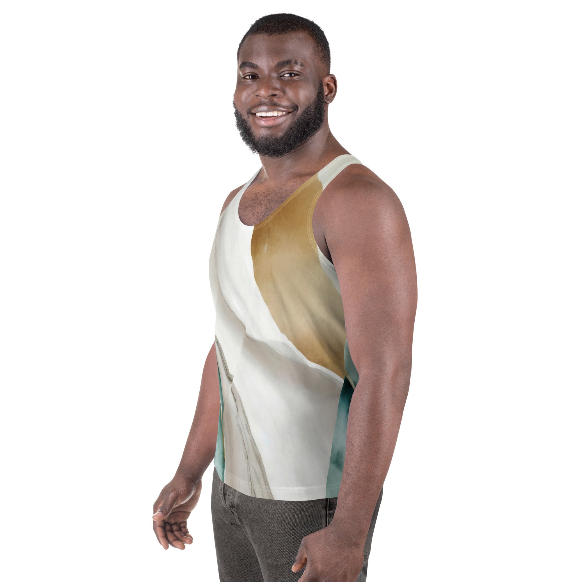 Men's Stretch Fit Tank Top in Cream White Green Marbled Print, showcasing a sleeveless design and classic crew neckline.