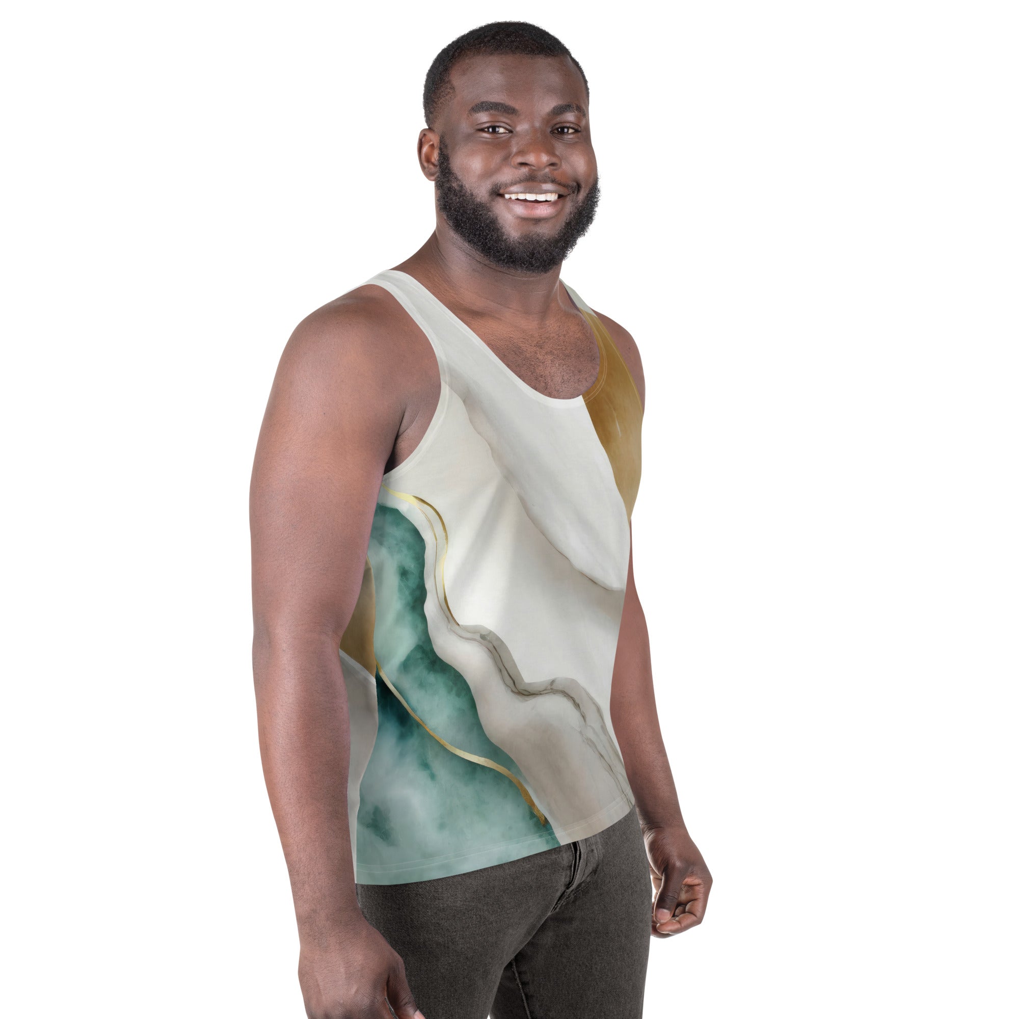 Men's Stretch Fit Tank Top in Cream White Green Marbled Print, showcasing a sleeveless design and classic crew neckline.