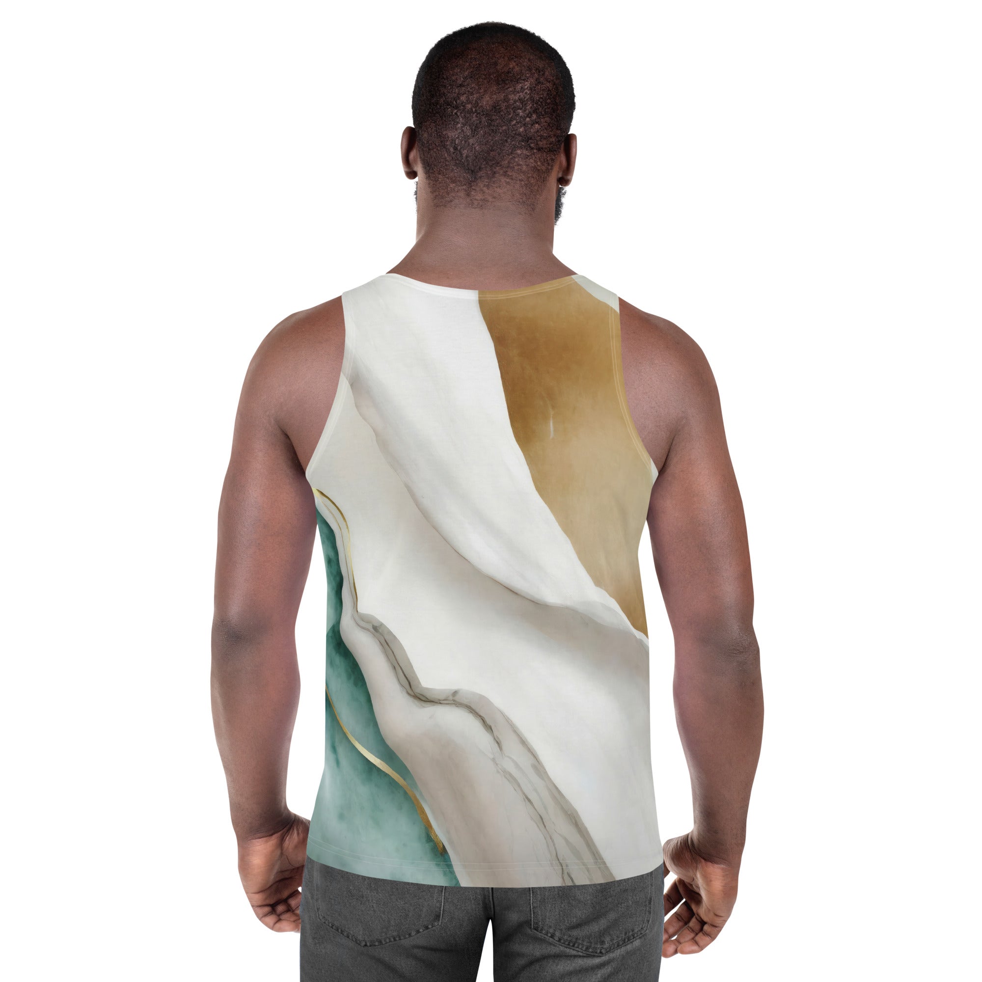 Men's Stretch Fit Tank Top in Cream White Green Marbled Print, showcasing a sleeveless design and classic crew neckline.